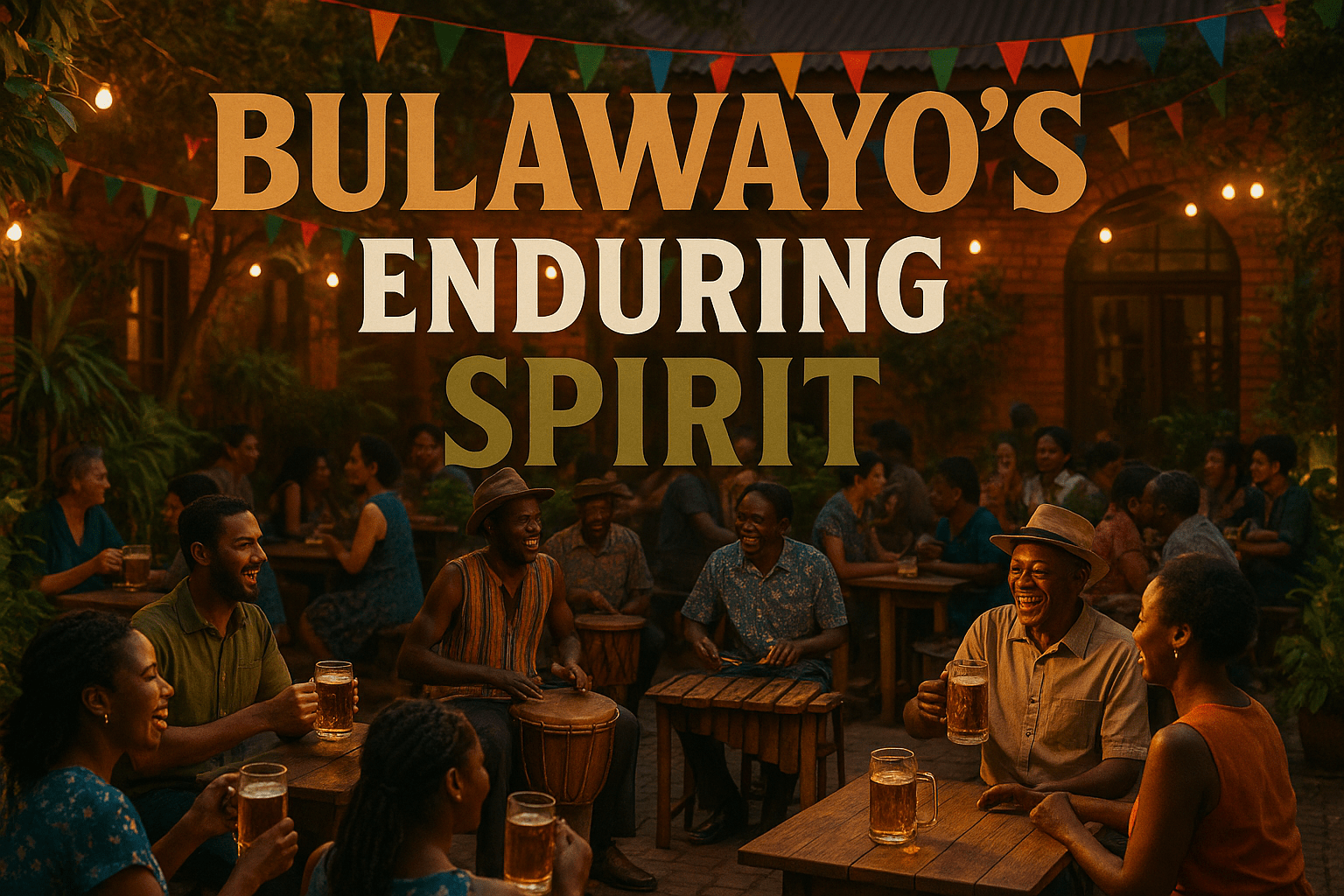 A cinematic image of a vibrant Bulawayo beer garden bustling with diverse people enjoying drinks, laughter, and traditional music, set under warm golden lighting, captured with a DSLR camera to evoke a nostalgic yet lively atmosphere. The scene features colorful decorations and lush greenery, emphasizing community and cultural authenticity. High-impact phrase in multi-line H2 'impact' font: 'BULAWAYO'S' in Bronze, 'ENDURING' in White, 'SPIRIT' in Olive.