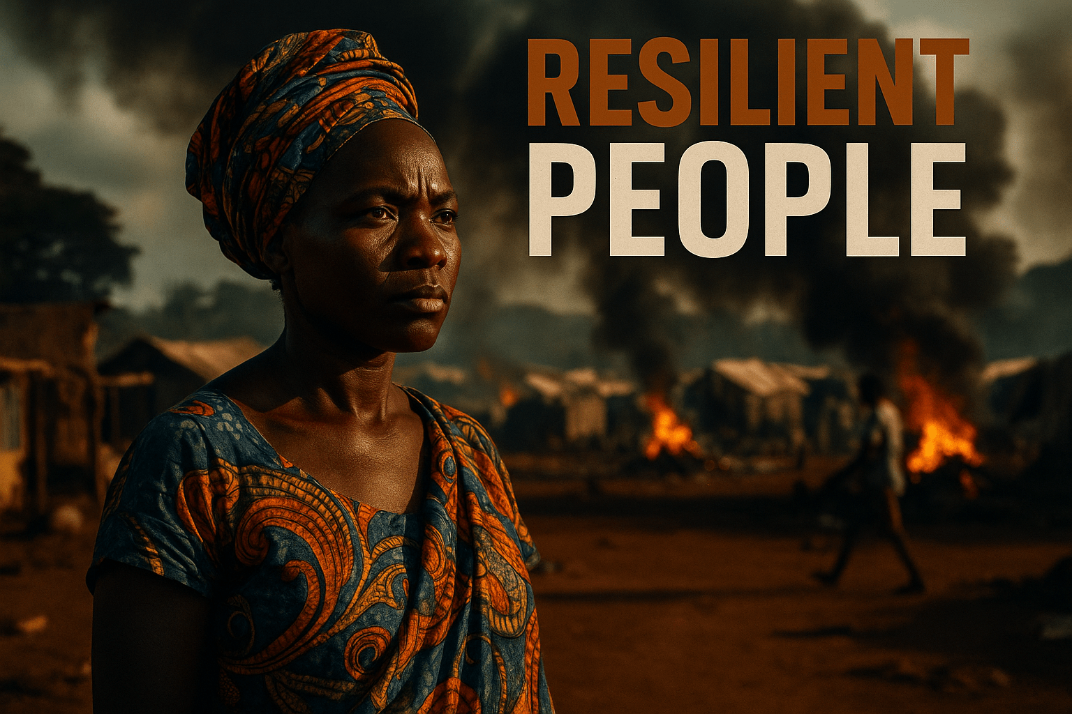 A cinematic image of a resilient African woman with a determined expression, standing amidst a backdrop of conflict and displacement in the Central African Republic, bright sunlight casting dramatic shadows, captured with a DSLR camera, evoking a mood of hope and urgency, striking detail of a colorful traditional headwrap, vibrant colors contrasting with the desolate environment, composition following the rule of thirds, with the phrase 'RESILIENT PEOPLE' in a bold, multi-line H2 impact font, the word 'RESILIENT' in Bronze, 'PEOPLE' in White, all caps, ensuring text remains outside a 20% safe zone from all margins.