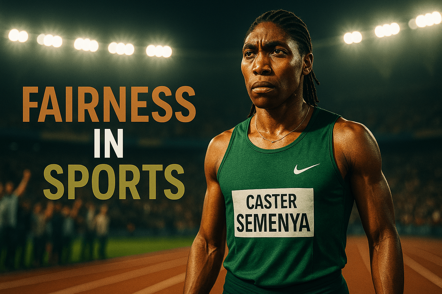 A cinematic image of a determined female athlete, Caster Semenya, standing confidently on a track, with a backdrop of vibrant stadium lights illuminating her, capturing her fierce expression of resilience and strength. The scene is shot with a high-resolution camera, focusing on her face to convey emotion, while the lighting creates dramatic shadows that enhance the mood of defiance and hope. The composition follows the rule of thirds, placing Semenya off-center to draw the viewer's eye towards her. The background features blurred figures of cheering supporters, symbolizing solidarity. The high-impact phrase 'FAIRNESS IN SPORTS' is displayed in a multi-line H2 font, with 'FAIRNESS' in Bronze, 'IN' in White, and 'SPORTS' in Olive, ensuring the text stands out against the dynamic background.