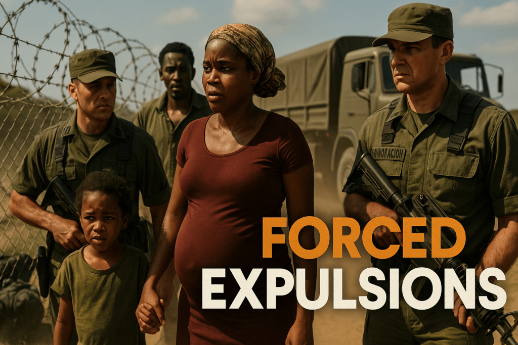 A cinematic image of a pregnant Black Haitian woman holding the hand of a young child, both standing amid a group of uniformed Dominican immigration officers near a barbed-wire fence. A military truck looms in the background as dust rises, intensifying the tension. The woman and child look distressed, surrounded by armed guards with stern expressions. Bold text in the bottom right corner reads “FORCED EXPULSIONS” with “FORCED” in bronze and “EXPULSIONS” in white.
