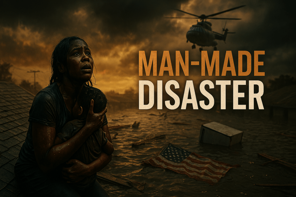 **Alt Image Text:** A cinematic image of a soaked Black woman clinging protectively to a child while sitting on a rooftop surrounded by Hurricane Katrina floodwaters. Her face reflects fear and desperation as she looks skyward toward a distant rescue helicopter hovering against a stormy, orange-lit sky. Debris floats in the water, including a partially submerged American flag and an overturned appliance. Large bold text on the right reads “MAN-MADE DISASTER” with “MAN-MADE” in bronze and “DISASTER” in white.