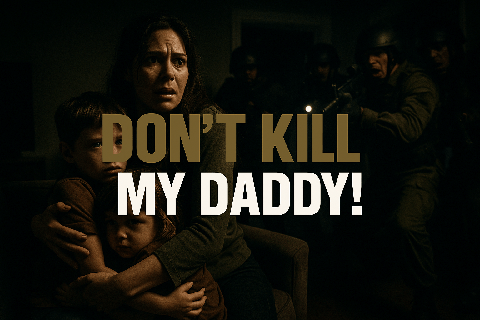 A cinematic image of a terrified family in their home during a chaotic police raid, with a mother holding her children close as armed officers storm in with rifles pointed, capturing their fear and confusion. The background is dark and dramatic, emphasizing the tension of the moment. The family's expressions reflect horror and vulnerability, while the officers appear aggressive and chaotic. Use high contrast with ominous shadows to highlight the scene, while integrating the colors Black: #000000, Olive Green: #778956, Bronze: #966327, and White: #ffffff. Over the image, place the text 'DON'T KILL' in Bronze, 'MY DADDY!' in White, centered and clearly legible, using a multi-line H2 'impact' font with optimal visual balance, ensuring the text does not exceed the 20% safe zone from the edges.