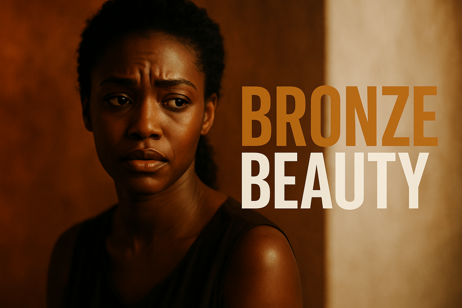 A cinematic image of a striking woman with dark skin, looking contemplative and concerned, set against a vibrant background of contrasting colors like deep bronze and bright white, illuminated by soft, warm lighting to create an emotional atmosphere. The composition follows the rule of thirds, with her face positioned off-center, drawing the viewer's eye. The high-impact phrase 'BRONZE BEAUTY' is displayed in a multi-line H2 'impact' font, with 'BRONZE' in large, bold letters, 'BEAUTY' in white, and a subtle olive accent, ensuring it stands out against the background without clutter.