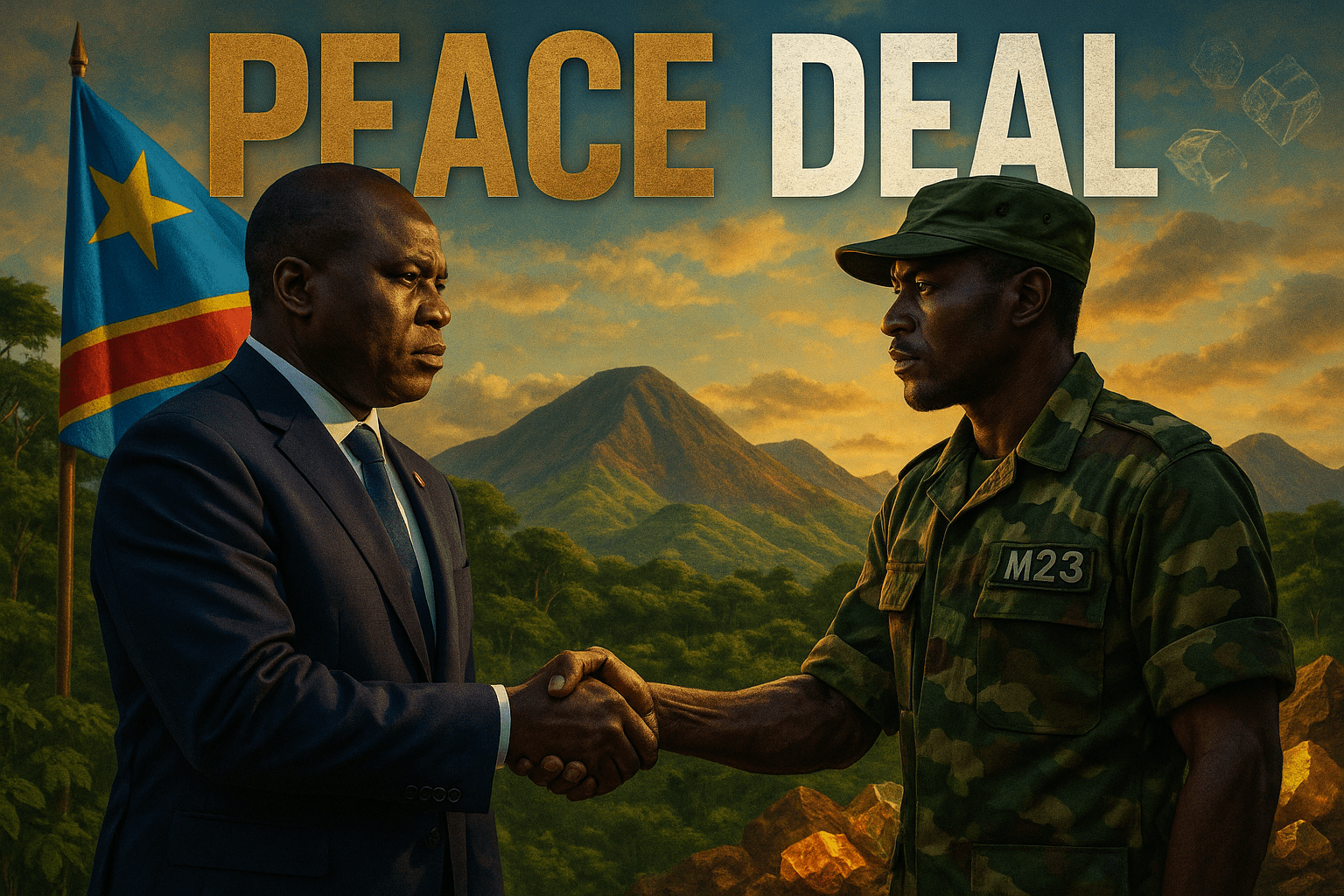 A cinematic image of a powerful handshake between two leaders representing the Democratic Republic of Congo and the M23 rebel group, set against a backdrop of lush Congolese landscapes and mineral-rich mountains, bright and vibrant colors highlighting the hope for peace, with dramatic lighting that casts shadows to emphasize the seriousness of the moment, captured with a DSLR camera, evoking a mood of determination and optimism. The phrase 'PEACE DEAL' in a multi-line H2 impact font, with 'PEACE' in Bronze, 'DEAL' in White, and a striking detail of mineral symbols subtly integrated into the background.