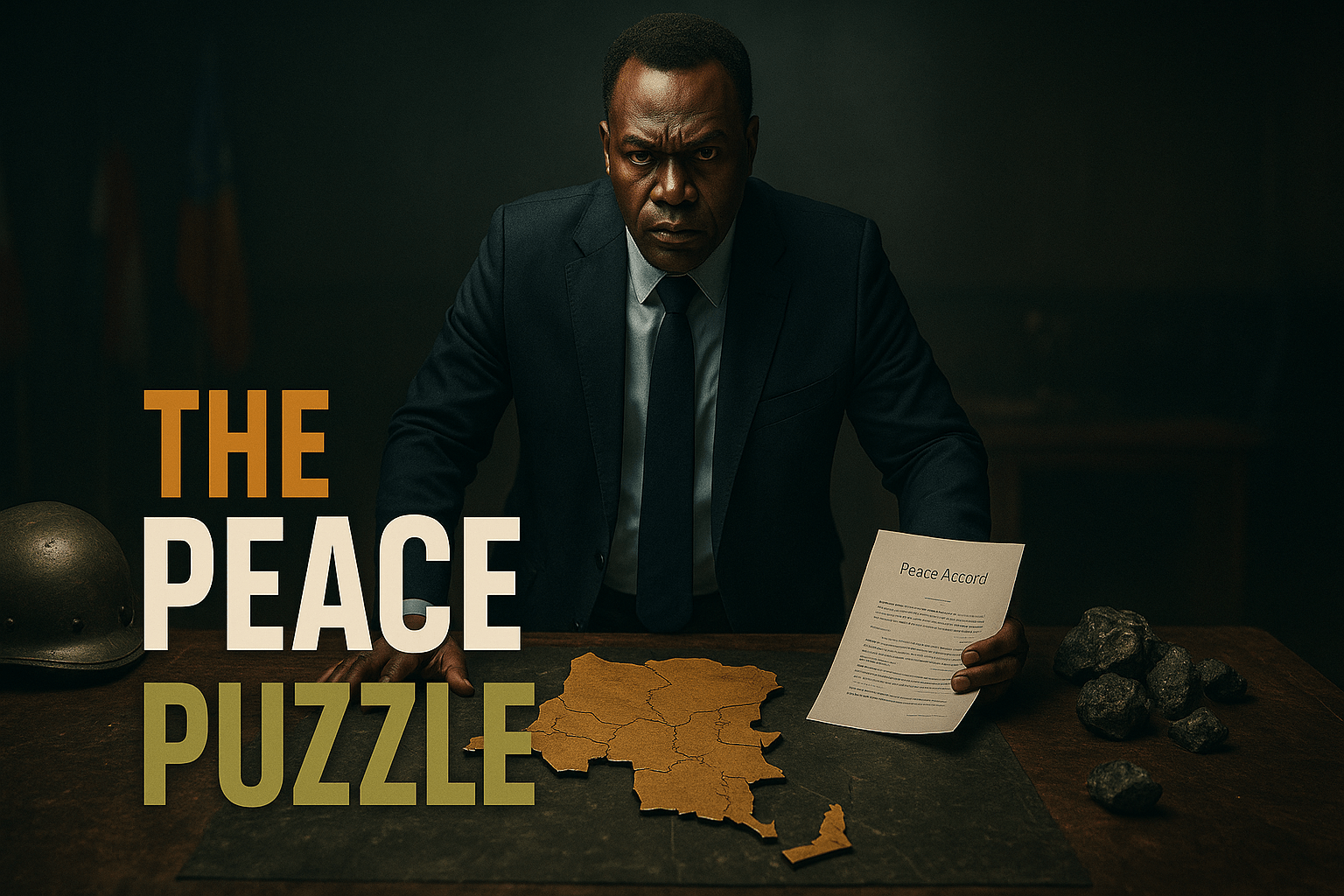 A cinematic image of a stern African diplomat standing behind a cracked jigsaw puzzle map of the Democratic Republic of Congo, laid out on a dark wooden table. He wears a navy suit and holds a “Peace Accord” document in one hand while resting the other on the table. Beside the puzzle are rough mineral rocks and a military helmet. Dim lighting casts dramatic shadows, with blurred international flags in the background. Bold text on the left reads “THE PEACE PUZZLE” with “THE” in bronze, “PEACE” in white, and “PUZZLE” in olive. The scene evokes tense diplomatic negotiations and conflict resolution.