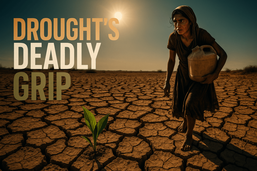 A cinematic image of a parched landscape with cracked earth and a lone woman carrying a water container, her face reflecting desperation and resilience, under a harsh sun. The mood is somber yet hopeful, with dramatic lighting casting long shadows. The striking detail is a vibrant green plant emerging from the dry soil, symbolizing hope amidst despair. Use a high-contrast color palette with warm earth tones and a bright blue sky. The composition follows the rule of thirds, leading the viewer's eye to the woman and the plant. 'DROUGHT'S DEADLY GRIP' in a multi-line H2 impact font, with 'DROUGHT'S' in Bronze, 'DEADLY' in White, and 'GRIP' in Olive, ensuring the text stands out against the background.