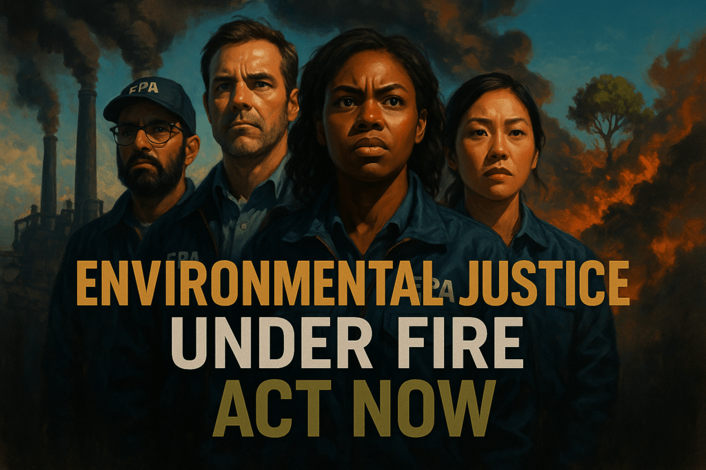 A cinematic image of a diverse group of EPA employees standing united, expressing determination and concern, with a backdrop of industrial pollution and a clear blue sky. The lighting is dramatic, highlighting their faces with a sense of urgency and hope. The mood is tense yet hopeful, capturing the essence of environmental justice. Striking detail: a symbolic representation of nature struggling against pollution in the background. Use bright colors to contrast the dark industrial elements, emphasizing the emotional expressions of the individuals. The composition follows the rule of thirds, guiding the viewer's eye toward the group. Add the high-impact phrase in a multi-line H2 'impact' font: 'ENVIRONMENTAL JUSTICE' in Bronze, 'UNDER FIRE' in White, 'ACT NOW' in Olive.