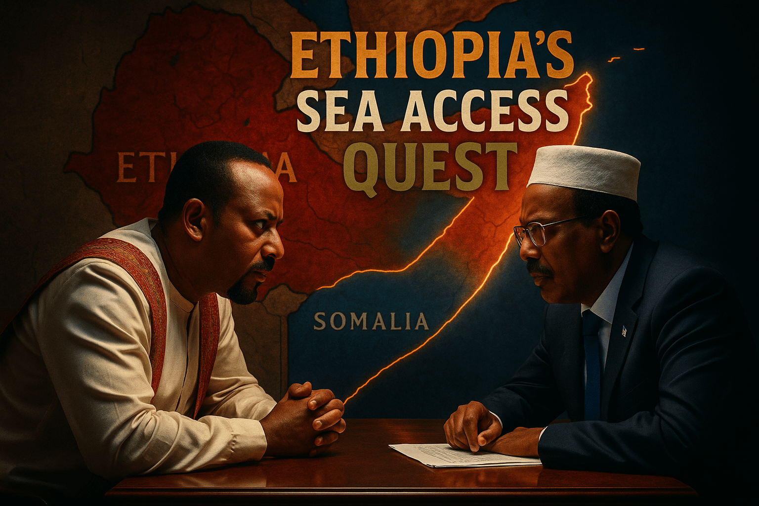 A cinematic image of a tense diplomatic meeting between Ethiopian and Somali leaders, showcasing their emotional expressions and cultural attire, set against a backdrop of a map highlighting the Horn of Africa. The lighting is dramatic, with a warm glow illuminating the leaders' faces, creating a sense of urgency. The mood is tense yet hopeful, capturing the complexity of the situation. The striking detail is a symbolic representation of the coastline, subtly integrated into the background. Use vibrant colors to enhance the emotional weight of the scene, with deep reds and blues contrasting against the warm tones. The composition follows the rule of thirds, drawing the viewer's eye towards the leaders at the center. 'ETHIOPIA'S' in Bronze, 'SEA ACCESS' in White, 'QUEST' in Olive, all in a multi-line H2 impact font, ensuring the text stands out against the background without cluttering the image.