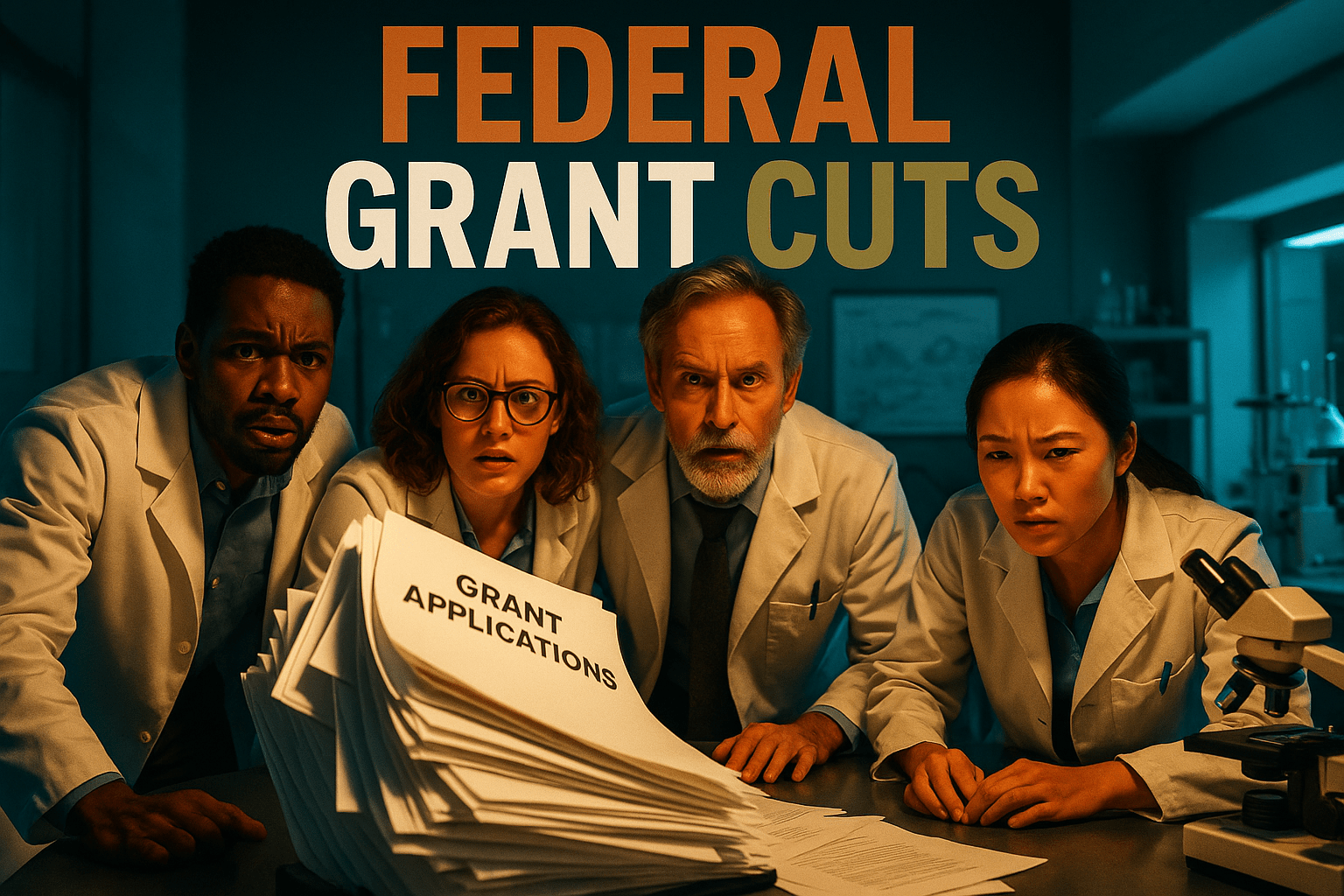 A cinematic image of a diverse group of researchers in a laboratory, showcasing a sense of urgency and determination, with bright, contrasting colors highlighting their expressions. The lighting is dramatic, casting shadows that emphasize their focused faces. The camera angle is slightly low, creating a powerful perspective. One striking detail is a large, overturned stack of grant applications on a table, symbolizing the chaos of funding cuts. The background features scientific equipment and charts, enhancing the research environment. The high-impact phrase 'FEDERAL GRANT CUTS' is displayed in a multi-line H2 'impact' font, with 'FEDERAL' in Bronze, 'GRANT' in White, and 'CUTS' in Olive, ensuring they pop against the background.