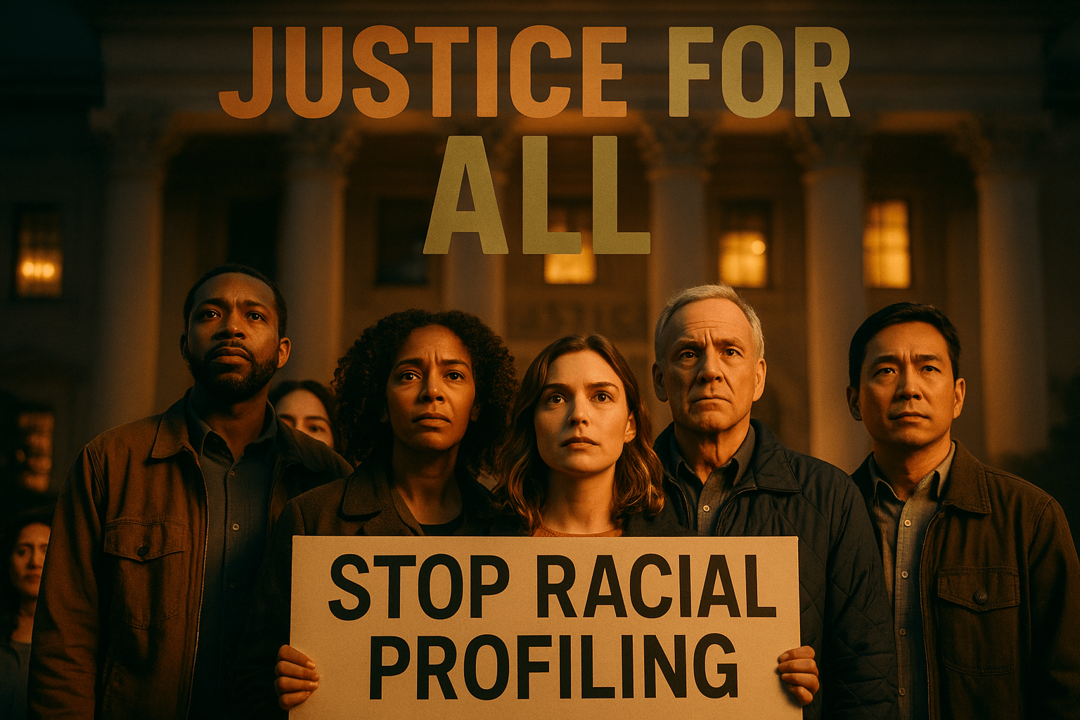A cinematic image of a diverse group of concerned individuals standing together in solidarity, their expressions reflecting hope and determination, with a backdrop of a courthouse symbolizing justice. The lighting is warm and inviting, creating a hopeful mood. The camera captures the scene in sharp focus, emphasizing the unity among the group. Striking detail: a banner in the foreground reading 'STOP RACIAL PROFILING' in bold letters. Use contrasting colors to highlight the faces and the banner, ensuring they stand out against a slightly blurred background. The composition follows the rule of thirds, drawing the viewer's eye to the central group. H2 text at the top reads 'JUSTICE FOR ALL' in a multi-line impact font, with 'JUSTICE' in Bronze, 'FOR' in White, and 'ALL' in Olive, ensuring the text pops against the background.