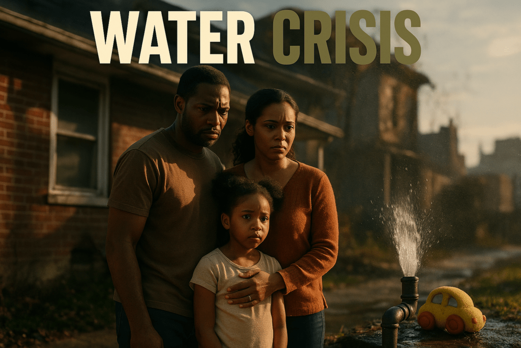 A cinematic image of a distressed African American family standing in front of their home with a broken water pipe, bright sunlight illuminating their worried faces, capturing the emotional weight of the Flint water crisis. The background shows a blurred cityscape with hints of decay and neglect, emphasizing the urgency of the situation. The mood is somber yet hopeful, with a striking detail of a child's toy in the foreground, symbolizing innocence lost. Shot with a DSLR camera, using soft focus and high contrast to enhance the emotional impact. 'FLINT'S' in Bronze, 'WATER' in White, 'CRISIS' in Olive, displayed in a bold, multi-line H2 impact font at the top of the image.