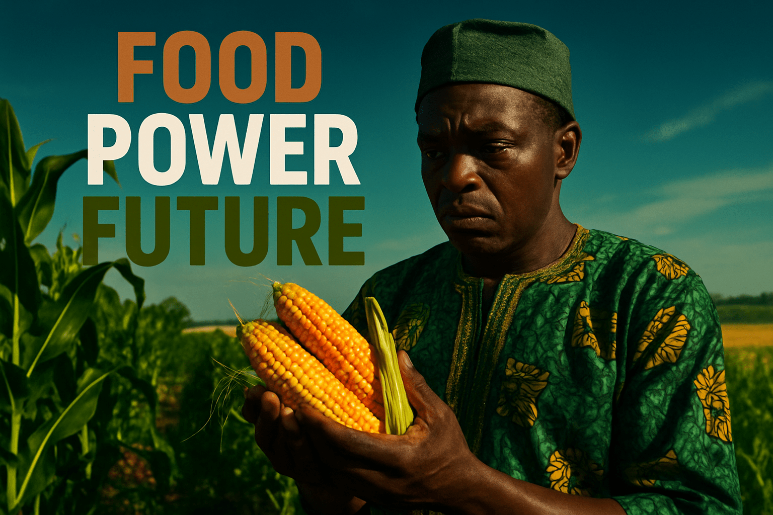 A cinematic image of a vibrant Nigerian landscape with a farmer holding genetically modified crops, showcasing a mix of hope and concern on their face. Bright, contrasting colors of green and gold dominate the scene, with dramatic lighting highlighting the farmer's expression. The background features a clear blue sky and distant fields, creating a sense of depth. The mood is thought-provoking and dynamic, capturing the essence of the GMO debate. Include the high-impact phrase in a multi-line H2 'impact' font: 'FOOD', 'POWER', 'FUTURE' with 'FOOD' in Bronze, 'POWER' in White, and 'FUTURE' in Olive.