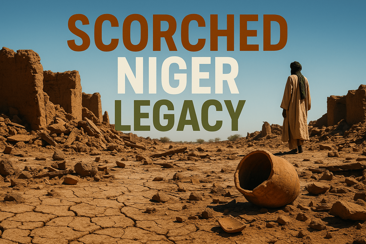 A cinematic image of a haunting landscape depicting the aftermath of colonial violence, featuring a silhouette of a grieving figure in the foreground, surrounded by charred remains of a village under a dramatic sunset sky. The lighting is warm yet somber, evoking a sense of loss and reflection. The mood is poignant and introspective, captured with a high-resolution camera to emphasize the emotional weight of the scene. Striking detail: a single, wilted flower growing amidst the ashes. 'BRONZE' 'WHITE' 'OLIVE'