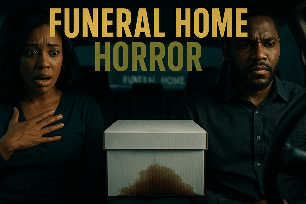 In a moody, dimly lit frame, a grieving Black woman clutches her chest in shock while a Black man sits beside her with a clenched jaw. Between them on the back seat is a plain white cardboard box stained with dark fluid. Above, bold uppercase text reads FUNERAL (bronze), HOME (white), HORROR (olive), and a blurred funeral home sign is visible through the rear window.
