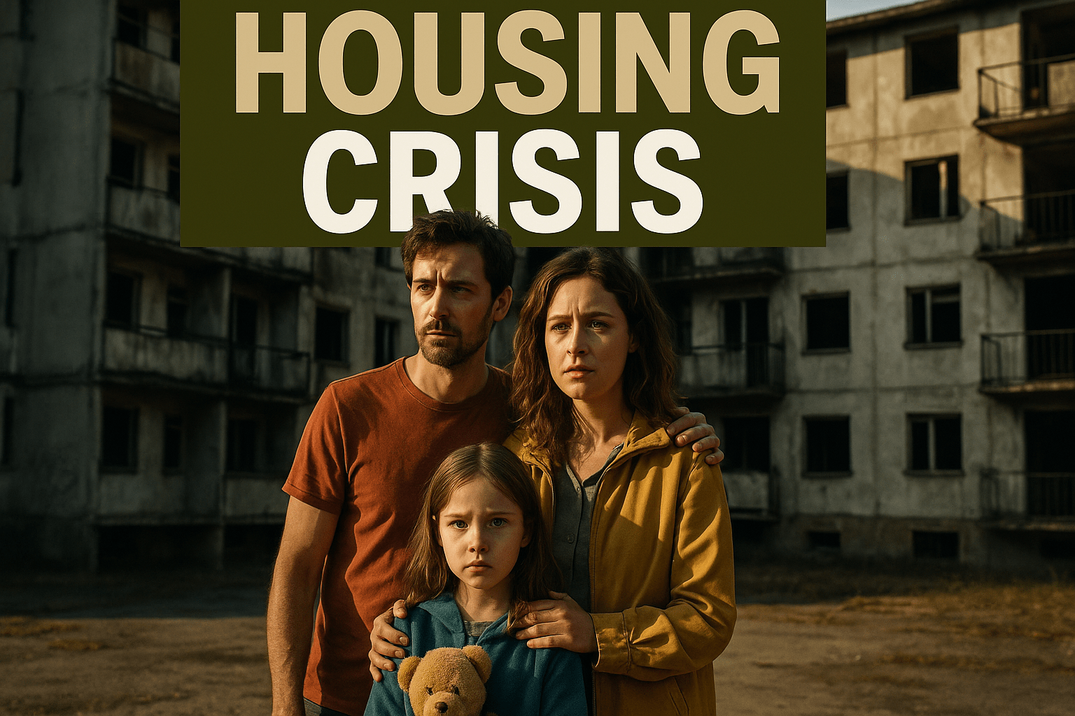 A cinematic image of a distressed family standing in front of a rundown apartment building, with a child holding a teddy bear, bright sunlight casting long shadows, capturing a mood of uncertainty and vulnerability. The scene should evoke empathy, with a focus on the family's worried expressions. Use a DSLR camera for a photorealistic effect, highlighting the contrast between the bright colors of their clothing and the dull, faded background of the building. The high-impact phrase 'HOUSING CRISIS' should be displayed in a multi-line H2 'impact' font, with 'HOUSING' in Bronze, 'CRISIS' in White, and a striking Olive background that makes the text pop, ensuring it is outside of a 20% safe zone from all margins.