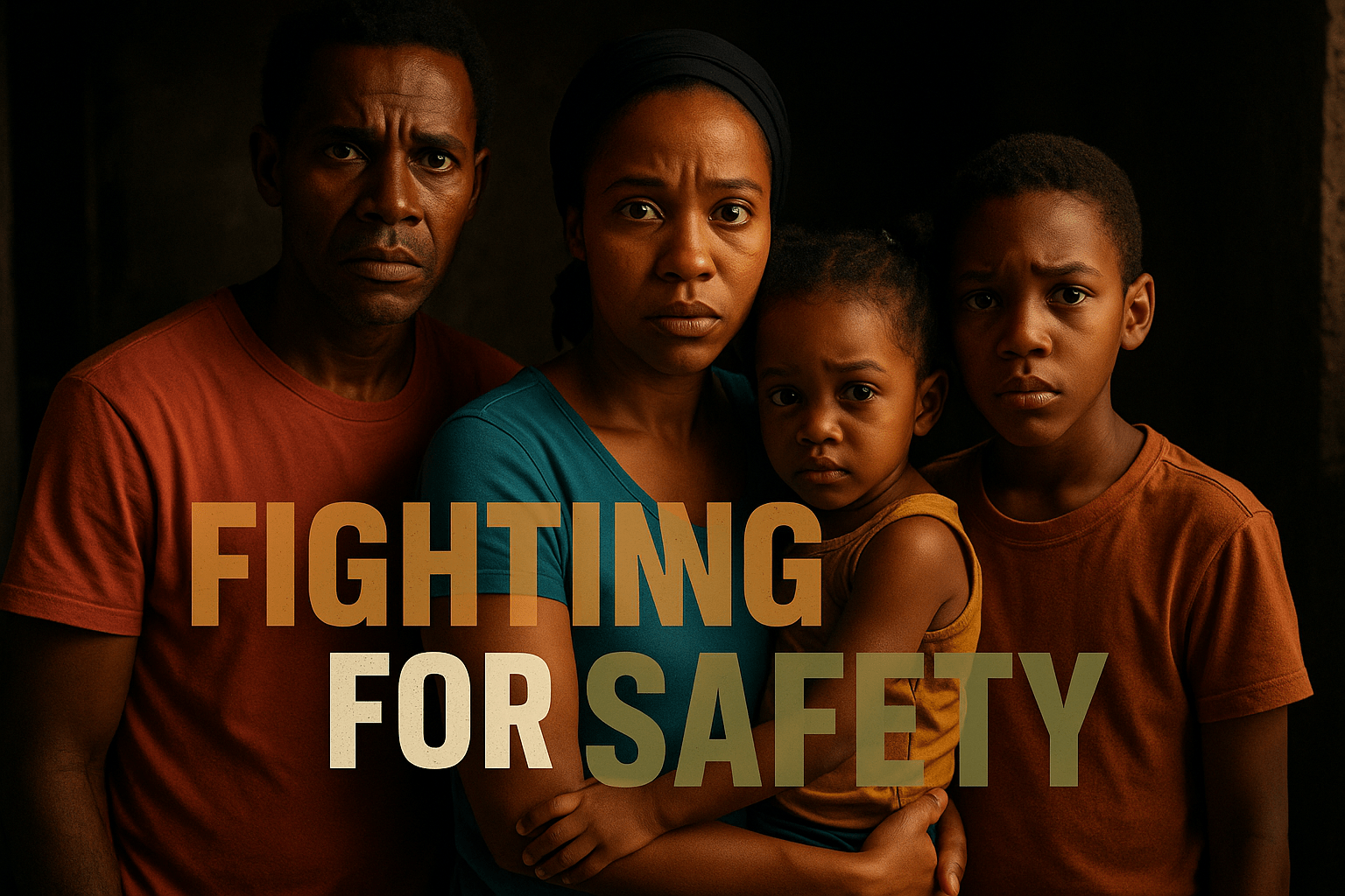 A cinematic image of a worried Haitian family standing together in a dimly lit room, their expressions filled with anxiety and uncertainty about their future, bright colors highlighting their faces against a dark background, capturing the emotional weight of the situation. The lighting is soft yet dramatic, evoking a sense of urgency. Use a DSLR camera for a photorealistic effect. Include the phrase 'FIGHTING FOR SAFETY' in a multi-line H2 impact font, with 'FIGHTING' in Bronze, 'FOR' in White, and 'SAFETY' in Olive, ensuring the text pops against the background while adhering to the 20% safe zone rule.