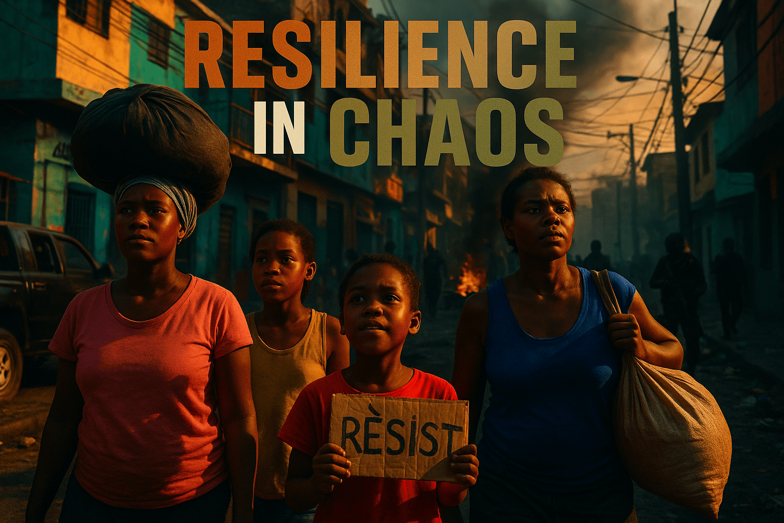A cinematic image of a vibrant street scene in Port-au-Prince, Haiti, showcasing the resilience of displaced families amidst gang violence. The foreground features a group of determined women and children, their expressions reflecting hope and strength. Bright colors dominate the scene, with contrasting shadows highlighting the tension of their surroundings. The lighting is warm and inviting, creating a stark contrast against the backdrop of chaos. The camera angle is slightly low, emphasizing the subjects' courage. In the background, hints of gang presence loom, but the focus remains on the families. Striking detail: a child holding a makeshift sign of hope. 'RESILIENCE IN CHAOS' in a multi-line H2 impact font, with 'RESILIENCE' in Bronze, 'IN' in White, and 'CHAOS' in Olive, all words adjusted for optimal visual balance and separated from the background.