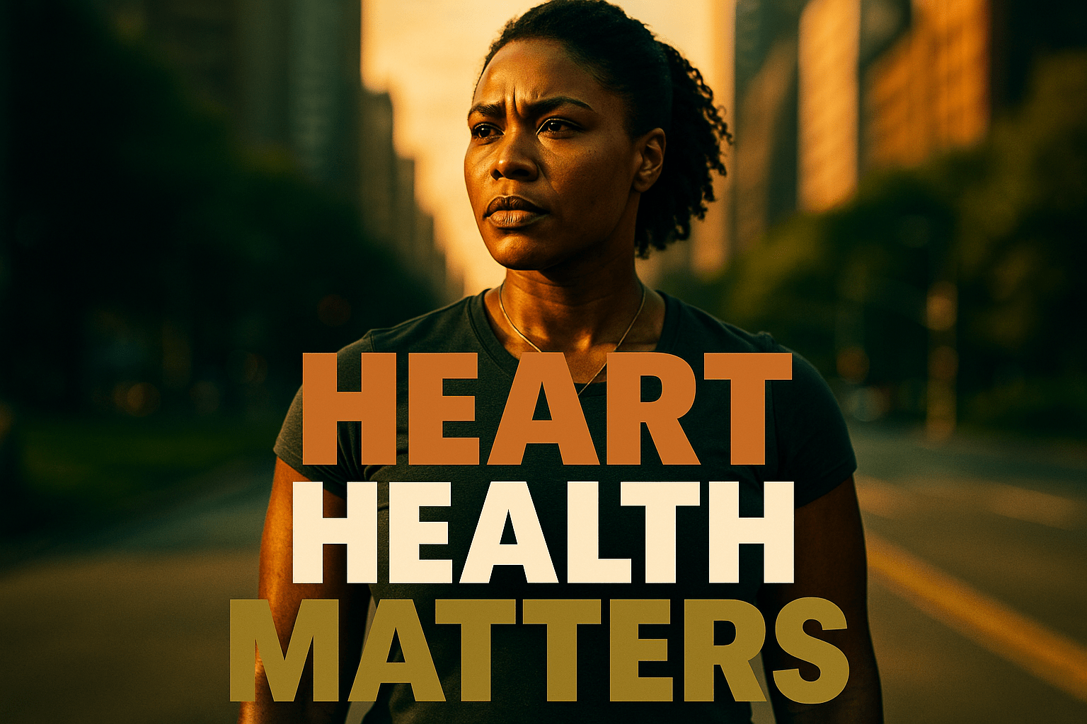 A cinematic image of a strong, confident Black woman standing in a vibrant urban setting, illuminated by warm, golden hour lighting, showcasing determination and resilience. The background features a blurred cityscape with hints of green spaces, symbolizing health and vitality. The mood is empowering and hopeful, with a striking detail of a heart-shaped pendant around her neck, representing heart health awareness. Use high contrast colors to make the image pop, with deep greens and warm golds. The composition follows the rule of thirds, focusing on her face, which displays a determined expression. Overlay the text in a multi-line H2 'impact' font: 'HEART' (Bronze), 'HEALTH' (White), 'MATTERS' (Olive).