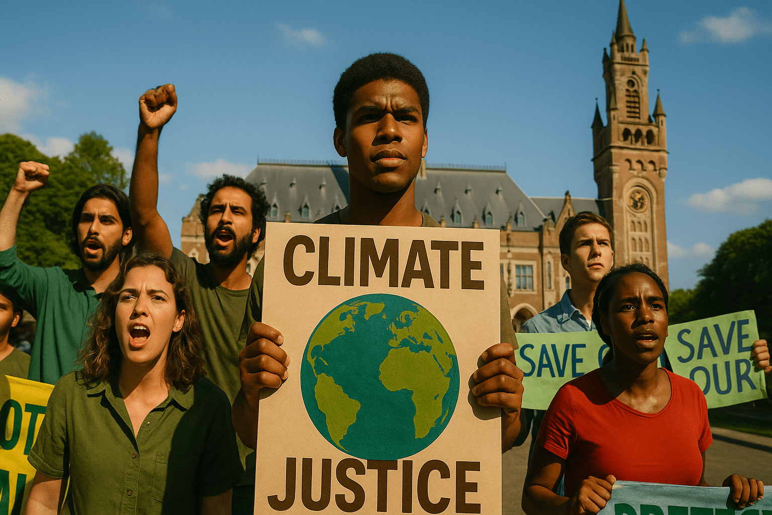 A cinematic image of a diverse group of determined activists holding signs advocating for climate justice, set against a backdrop of a vibrant sunset illuminating a city skyline, capturing a sense of urgency and hope. The lighting is warm and dramatic, emphasizing the emotional expressions on their faces. The mood is empowering and inspiring, with a striking detail of a globe in the foreground symbolizing the planet's fragility. Use bright colors to create contrast, ensuring the image is visually striking and engaging. Apply the rule of thirds for composition, guiding the viewer's eye towards the activists. Include the phrase 'CLIMATE JUSTICE' in a bold, multi-line H2 impact font, with 'CLIMATE' in Bronze, 'JUSTICE' in White, and 'A NEW ERA' in Olive, ensuring the text stands out against the background without cluttering the image.