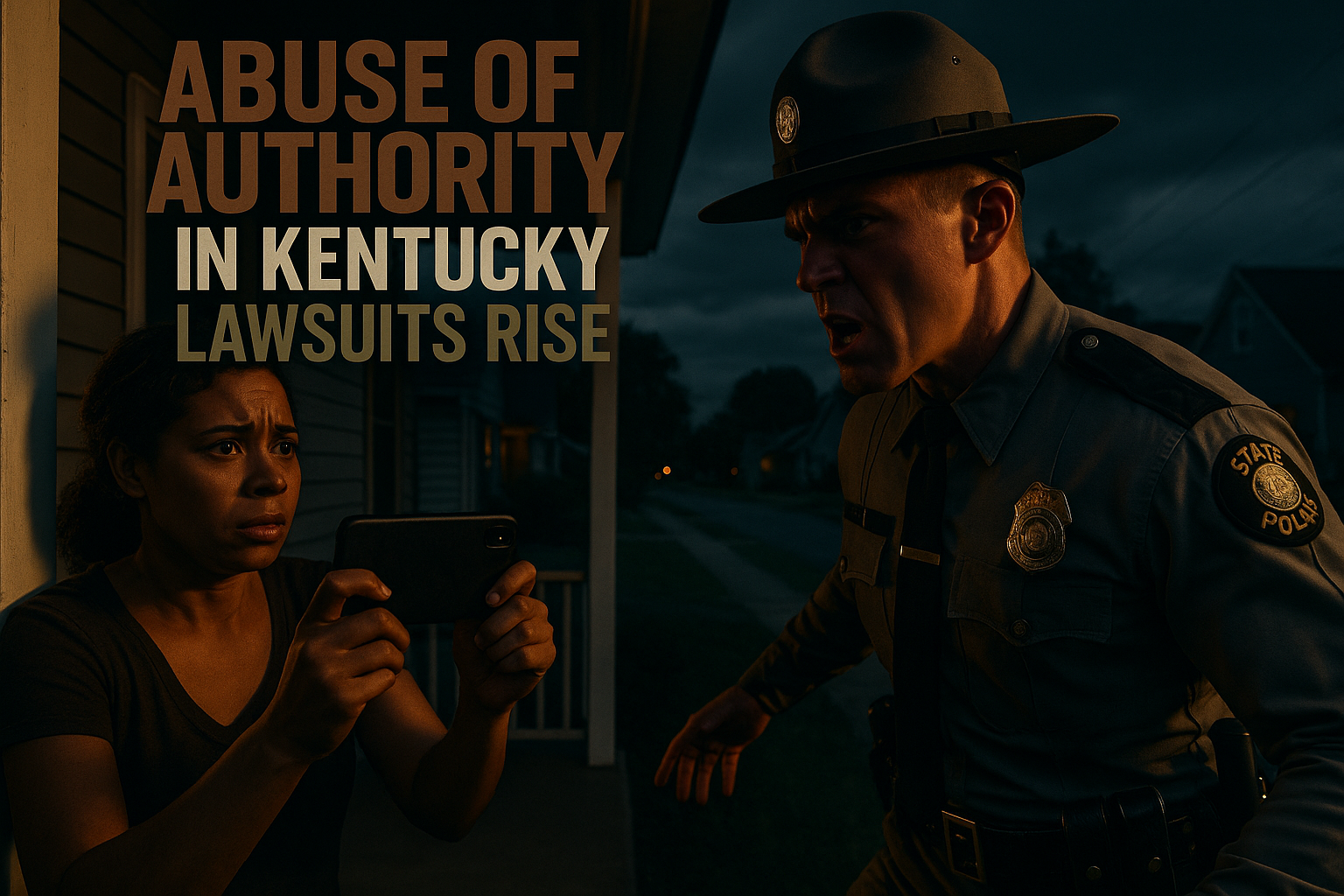 A cinematic image of a tense police encounter, featuring a concerned mother recording from her porch as a Kentucky State Trooper aggressively approaches her, capturing the emotional intensity of the moment. The scene is illuminated with dramatic lighting, emphasizing the expressions of both the mother and the trooper. The background shows a suburban neighborhood, creating contrast between the ordinary setting and the extraordinary situation. The mood is charged with tension and urgency, highlighting the themes of authority and civil rights. Striking detail: the trooper's badge glinting in the light. H2 text in a multi-line impact font: 'ABUSE OF AUTHORITY' in Bronze, 'IN KENTUCKY' in White, 'LAWSUITS RISE' in Olive.
