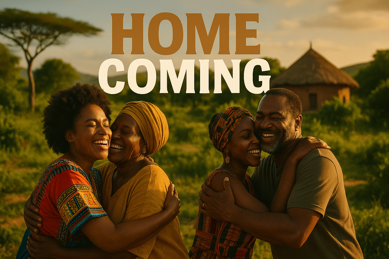 A cinematic image of a vibrant African landscape with a group of diverse African Americans joyfully embracing their new home, showcasing emotional expressions of belonging and connection. The scene is illuminated by warm, golden sunlight, creating a hopeful and inviting atmosphere. Capture this moment with a high-resolution camera, emphasizing the faces and cultural attire of the individuals. Include lush greenery and traditional African architecture in the background to enhance the sense of place. The high-impact phrase 'HOME COMING' should be displayed in a multi-line H2 impact font, with 'HOME' in Bronze, 'COMING' in White, and the background subtly blurred to make the text pop.