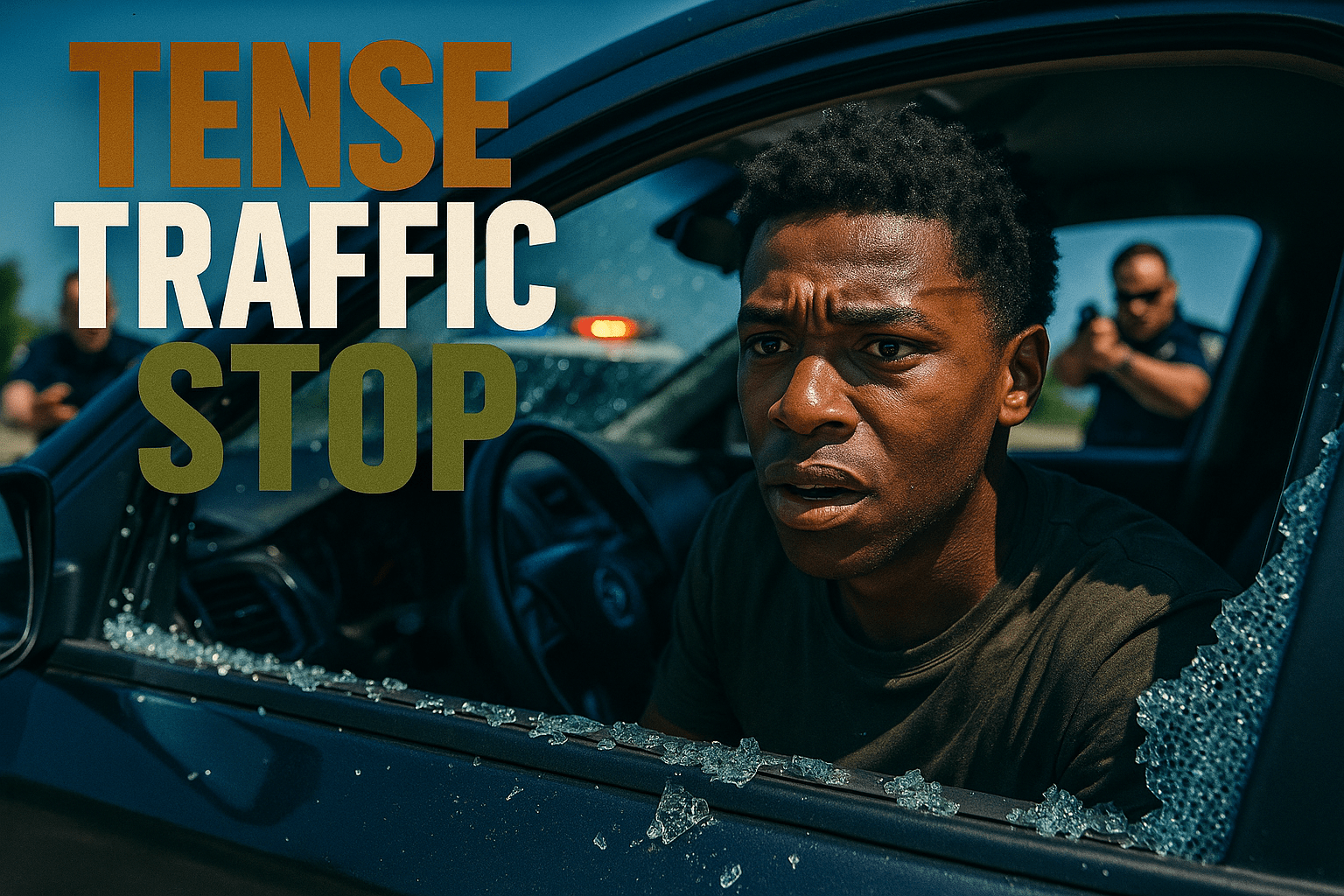 A cinematic image of a tense traffic stop scene featuring a young Black man, William McNeil Jr., looking distressed inside his car with shattered glass around him, police officers in the background displaying aggressive postures, bright daylight illuminating the scene, capturing the emotional intensity and chaos of the moment. Use a DSLR camera effect for sharp focus and depth of field, creating a dramatic mood. The colors should contrast sharply, with deep blues and bright whites to emphasize the urgency of the situation. The image composition should follow the rule of thirds, with the young man positioned off-center, drawing the viewer's eye towards the action. Include the high-impact phrase in a multi-line H2 'impact' font: 'TENSE TRAFFIC STOP' with 'TENSE' in Bronze, 'TRAFFIC' in White, and 'STOP' in Olive, ensuring the text pops against the background and remains outside of the 20% safe zone from all margins.