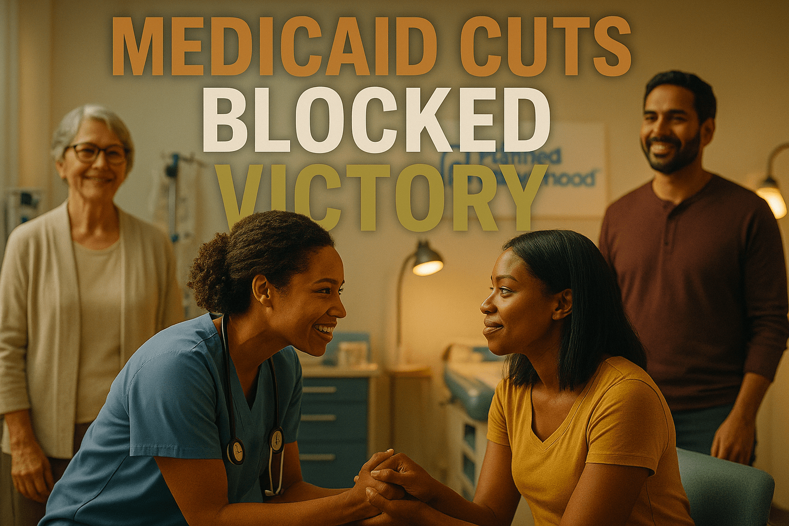 A cinematic image of a diverse group of healthcare workers and patients in a Planned Parenthood clinic, showcasing a sense of community and support, bright and warm lighting, photorealistic style, emotional expressions of hope and determination, with a focus on a healthcare worker interacting with a patient. The background should feature medical equipment and a welcoming environment. Use contrasting colors to highlight the figures, ensuring the image is vibrant and engaging. The high-impact phrase in a multi-line H2 'impact' font: 'MEDICAID CUTS' in bronze, 'BLOCKED' in white, 'VICTORY' in olive, positioned prominently without clutter, ensuring the text stands out against the background.