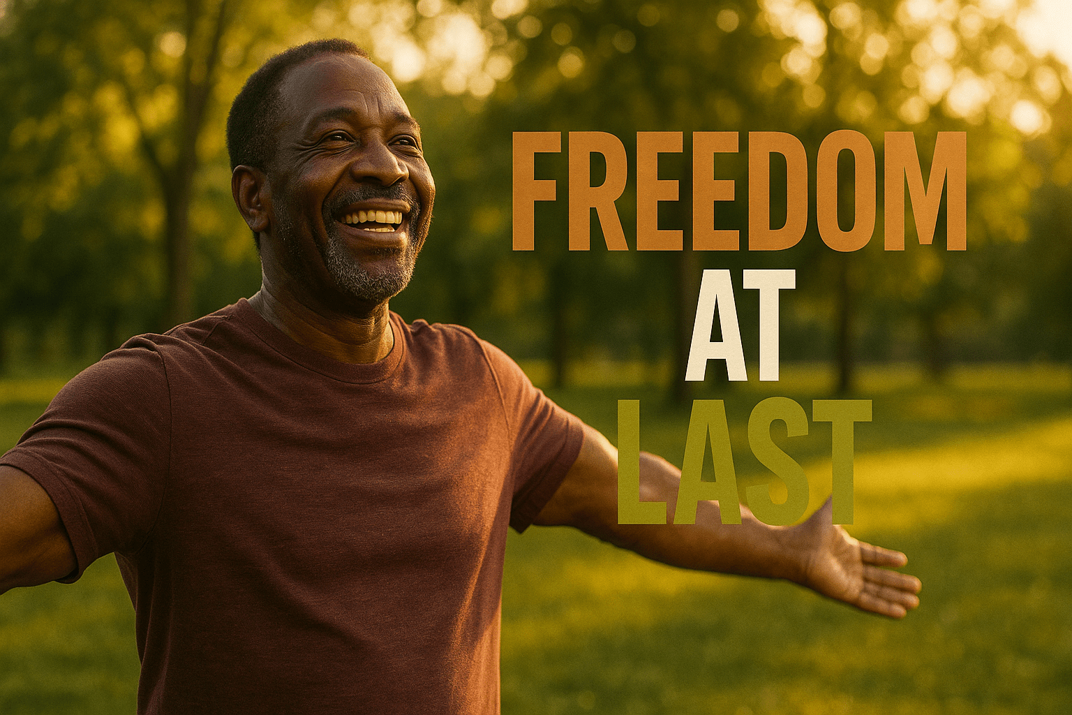 A cinematic image of a joyful Black man in his 50s, standing in a sunlit park with a backdrop of green trees, radiating a sense of freedom and triumph, showcasing a warm smile, vibrant colors highlighting hope, with the phrase 'FREEDOM AT LAST' in a multi-line H2 impact font, with 'FREEDOM' in bronze, 'AT' in white, and 'LAST' in olive green, designed to pop against the background, ensuring a powerful visual balance and emotional appeal.