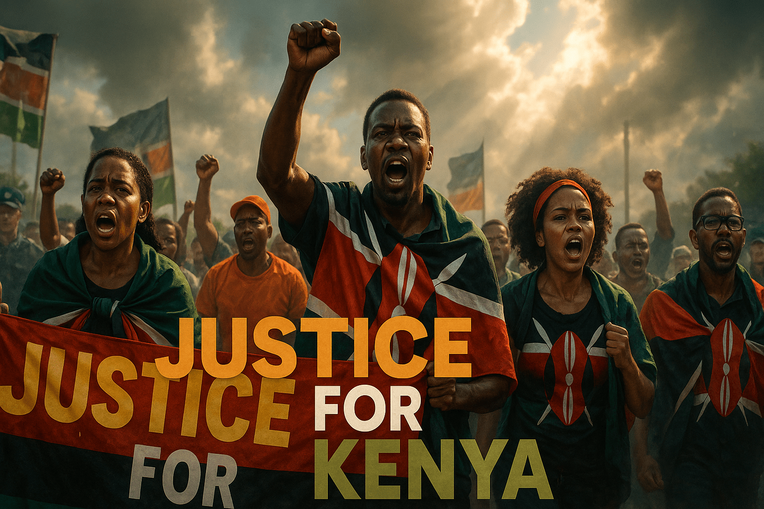 A cinematic image of a Kenyan protest scene, capturing a diverse group of passionate activists holding banners and wearing Kenyan flags, with expressions of determination and hope. Bright, contrasting colors dominate the scene, emphasizing the urgency of their message. The lighting is dramatic, with rays of sunlight breaking through clouds, creating a hopeful yet intense mood. The camera angle is low, focusing on the faces of the protesters, leading the viewer's eye towards a central figure raising a fist in defiance. The background features a blurred police presence, hinting at tension. The high-impact phrase 'JUSTICE FOR KENYA' is displayed in a multi-line H2 impact font, with 'JUSTICE' in Bronze, 'FOR' in White, and 'KENYA' in Olive, making the words pop against the vibrant backdrop.