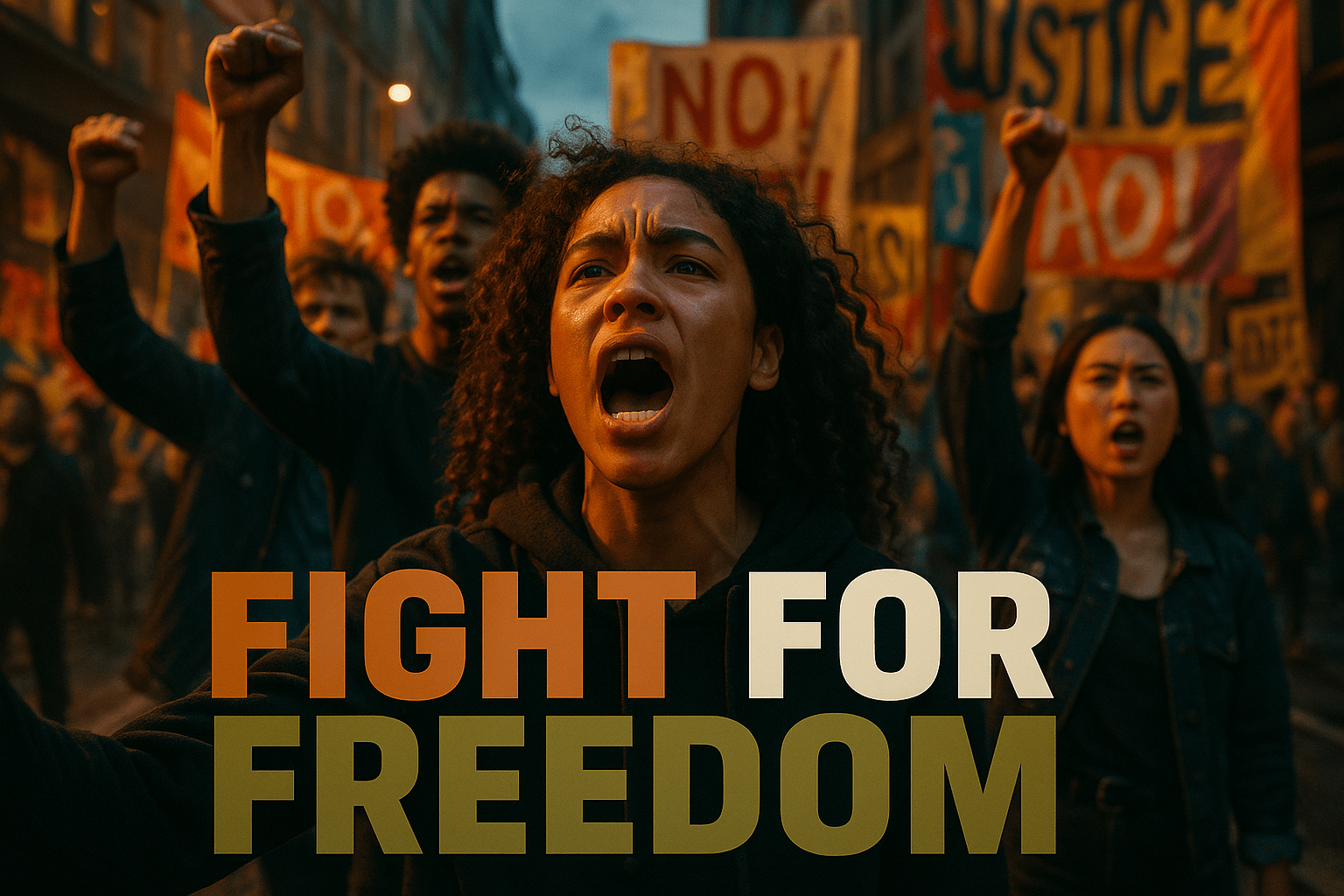A cinematic image of a diverse group of young protesters passionately raising their fists in defiance, set against a backdrop of vibrant, chaotic street scenes filled with colorful banners and signs demanding justice. The lighting is dramatic, capturing the intensity of the moment with warm hues contrasting against the cooler shadows of the urban environment. The mood is charged and hopeful, showcasing the determination and resilience of the youth. A close-up of a young woman in the foreground, her face filled with emotion, symbolizes the fight for freedom. The phrase 'FIGHT FOR FREEDOM' is displayed in a multi-line H2 impact font, with 'FIGHT' in Bronze, 'FOR' in White, and 'FREEDOM' in Olive, ensuring the text pops against the dynamic background.