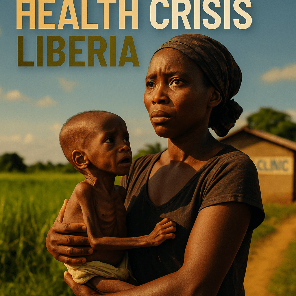 A cinematic image of a worried Liberian mother holding her malnourished child in a rural setting, surrounded by vibrant green fields under a bright blue sky, capturing the emotional weight of their struggle. The lighting is warm and inviting, creating a hopeful yet somber mood. The camera angle is slightly low, emphasizing the mother's expression of concern and determination. In the background, a blurred clinic sign symbolizes the lack of access to healthcare. High-impact phrase in bold multi-line H2 font: 'AID WITHDRAWAL' in Bronze, 'HEALTH CRISIS' in White, 'LIBERIA' in Olive, ensuring the text pops against the background with contrasting colors and a clear focus.
