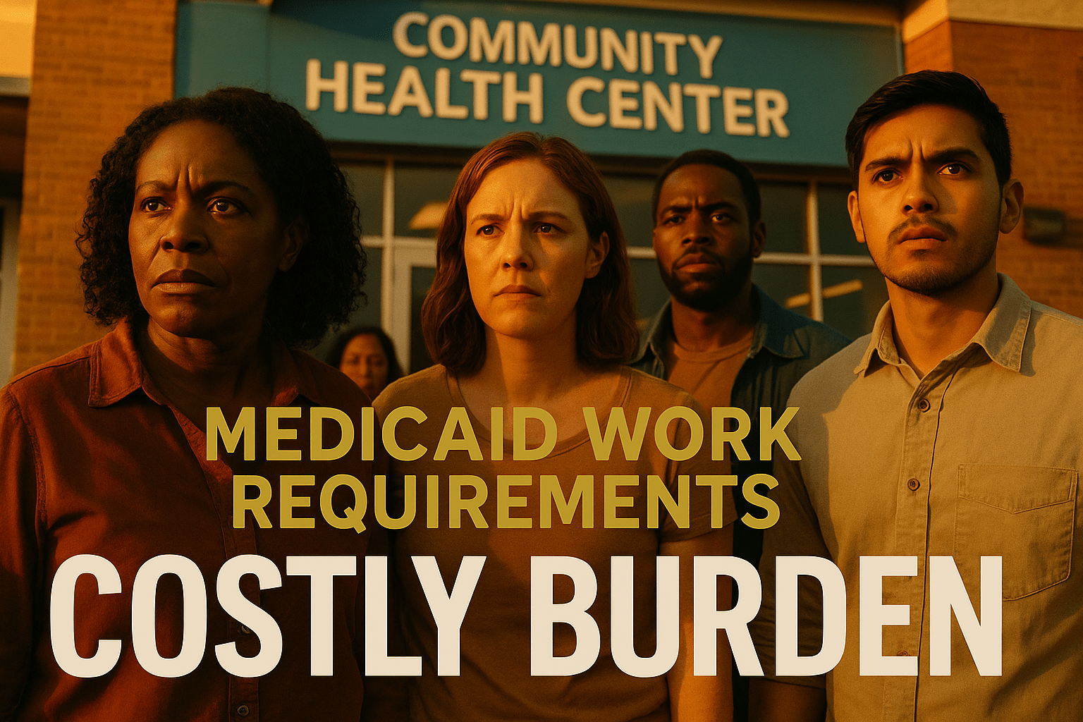 A cinematic image of a diverse group of individuals looking concerned and engaged, set against a backdrop of a community health center, with bright, contrasting colors to evoke urgency and empathy. The lighting is warm and inviting, capturing a sense of hope amidst adversity. The camera angle is slightly low, creating a powerful perspective that emphasizes the importance of healthcare access. One striking detail is a prominent sign that reads 'MEDICAID WORK REQUIREMENTS' in bold, impactful font. The high-impact phrase 'COSTLY BURDEN' is displayed in a multi-line H2 font, with 'COSTLY' in Bronze, 'BURDEN' in White, and the word 'MEDICAID' in Olive, ensuring it pops against the background.