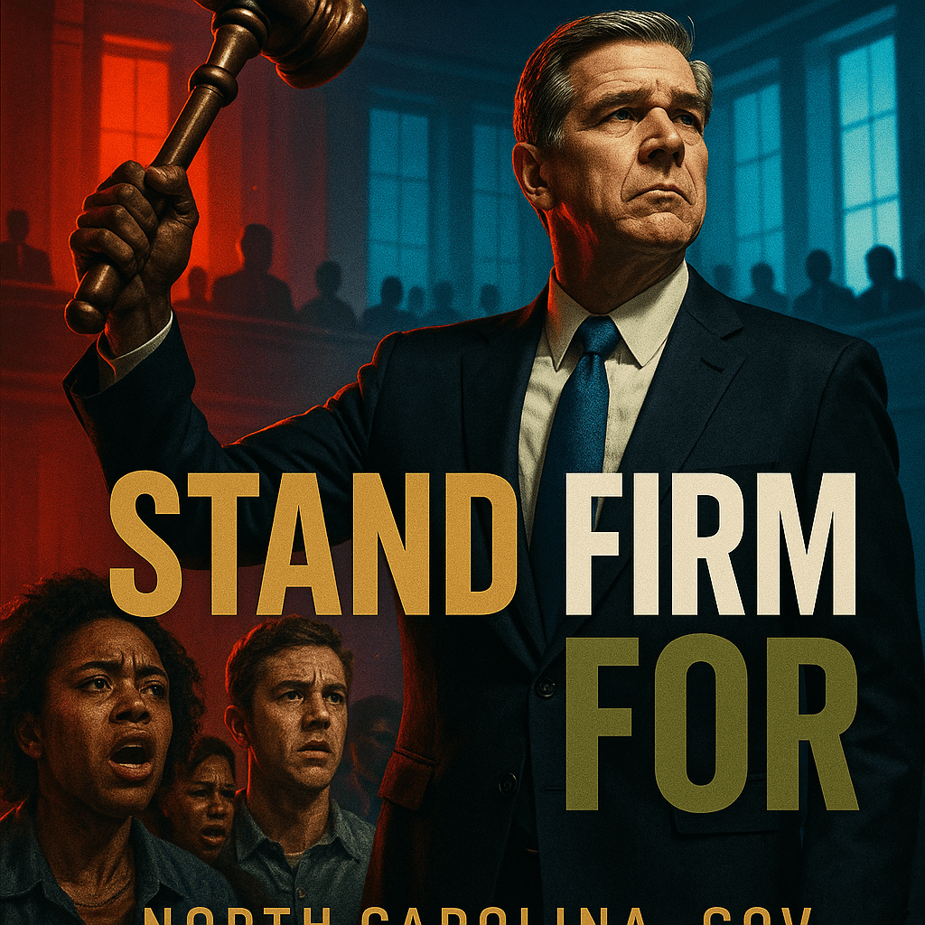 A cinematic image of a determined North Carolina Governor standing firm against a backdrop of a divided legislature, bright colors highlighting the tension, with emotional expressions on the faces of diverse supporters in the foreground. The lighting is dramatic, casting shadows that emphasize the seriousness of the moment. The camera angle is slightly low, giving a sense of power and urgency. A striking detail is a bronze gavel raised high, symbolizing justice and authority. The composition follows the rule of thirds, with the governor positioned on one side and supporters on the other, creating a dynamic balance. The high-impact phrase 'STAND FIRM FOR' in a multi-line H2 impact font, with 'STAND' in Bronze, 'FIRM' in White, and 'FOR' in Olive, placed outside the 20% safe zone from all margins.