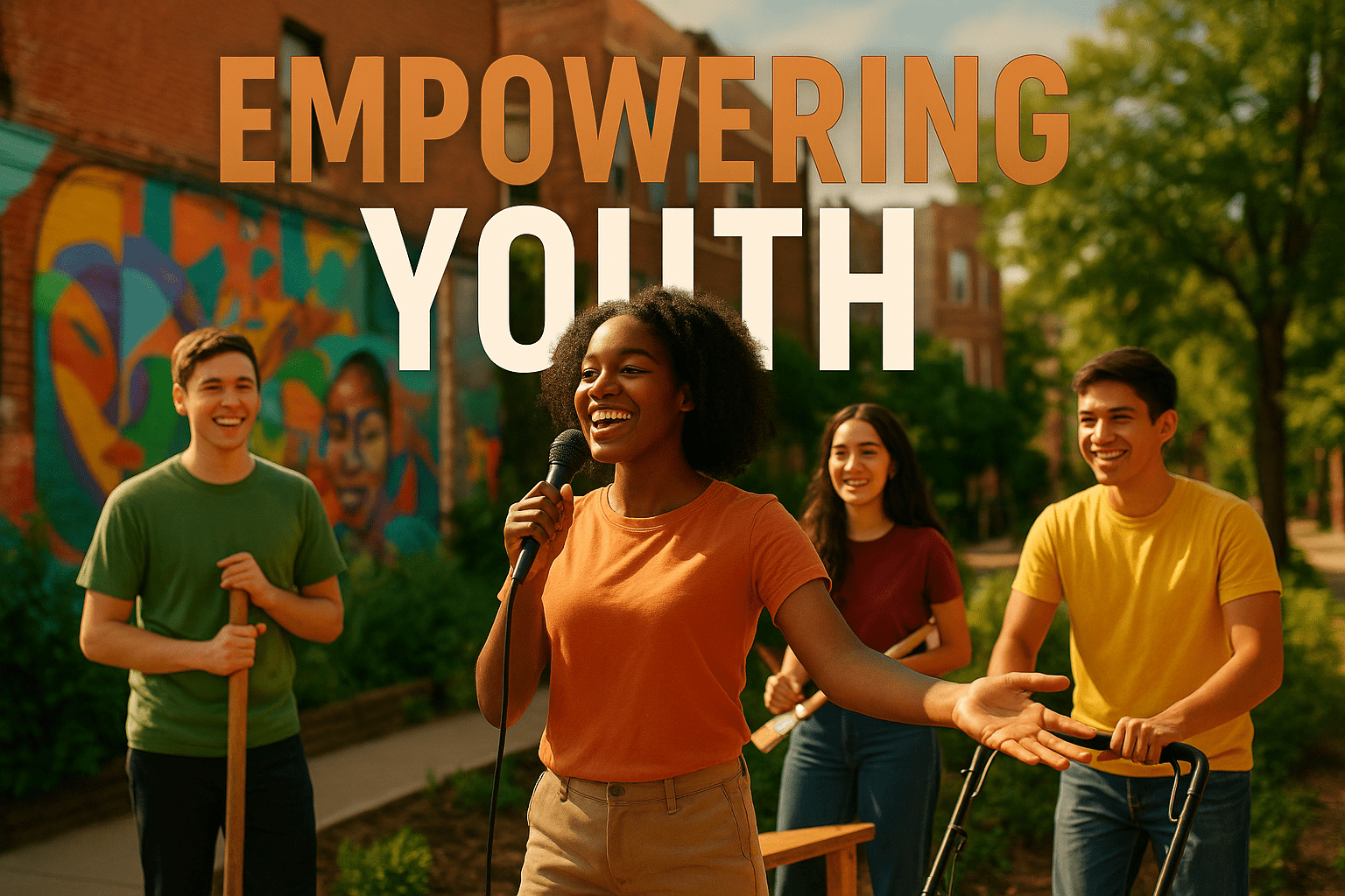 A cinematic image of a diverse group of enthusiastic young people engaged in various summer job activities in a vibrant Chicago neighborhood, showcasing their smiles and teamwork. Bright, warm lighting enhances the joyful atmosphere, captured with a DSLR camera to create a photorealistic effect. The mood is uplifting and empowering, with a striking detail of a young Black woman leading a community event, symbolizing leadership and opportunity. The background features colorful murals and greenery, emphasizing community spirit. 'EMPOWERING YOUTH' in a multi-line H2 impact font, with 'EMPOWERING' in Bronze, 'YOUTH' in White, and a dynamic layout that draws the viewer's eye.