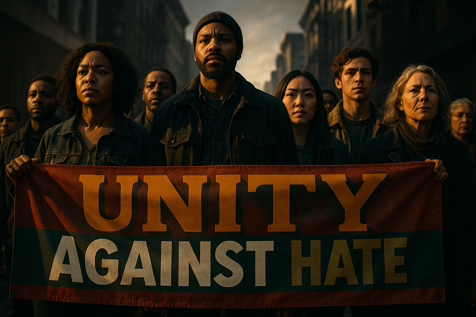 A cinematic image of a diverse group of people standing united against a backdrop of a city street, illuminated by dramatic lighting, capturing a moment of solidarity and resilience. The mood is hopeful yet defiant, with faces showing determination and strength. The striking detail is a large, colorful banner that reads 'UNITY AGAINST HATE' in a bold, impactful font. The first word 'UNITY' is in Bronze, the second word 'AGAINST' is in White, and the third word 'HATE' is in Olive. The composition follows the rule of thirds, with the banner prominently displayed in the foreground, drawing the viewer's eye. The colors are vibrant and contrasting, enhancing the emotional impact of the scene.