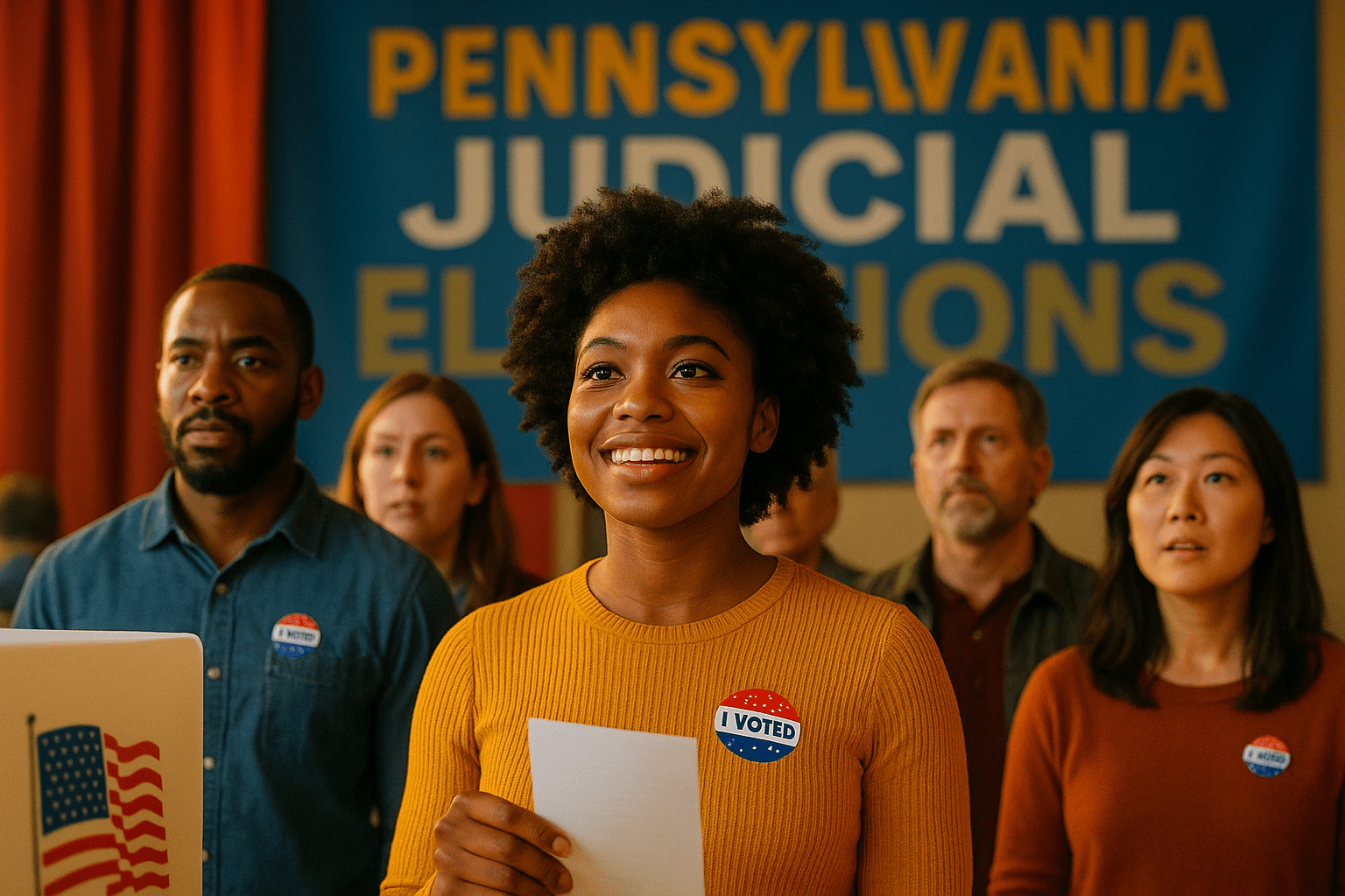 A cinematic image of a diverse group of voters at a polling station, their faces expressing determination and curiosity, vibrant colors highlighting their enthusiasm, with a focus on a young African American woman holding a ballot, bright lighting creating an uplifting mood, captured with a DSLR camera, featuring a striking detail of a