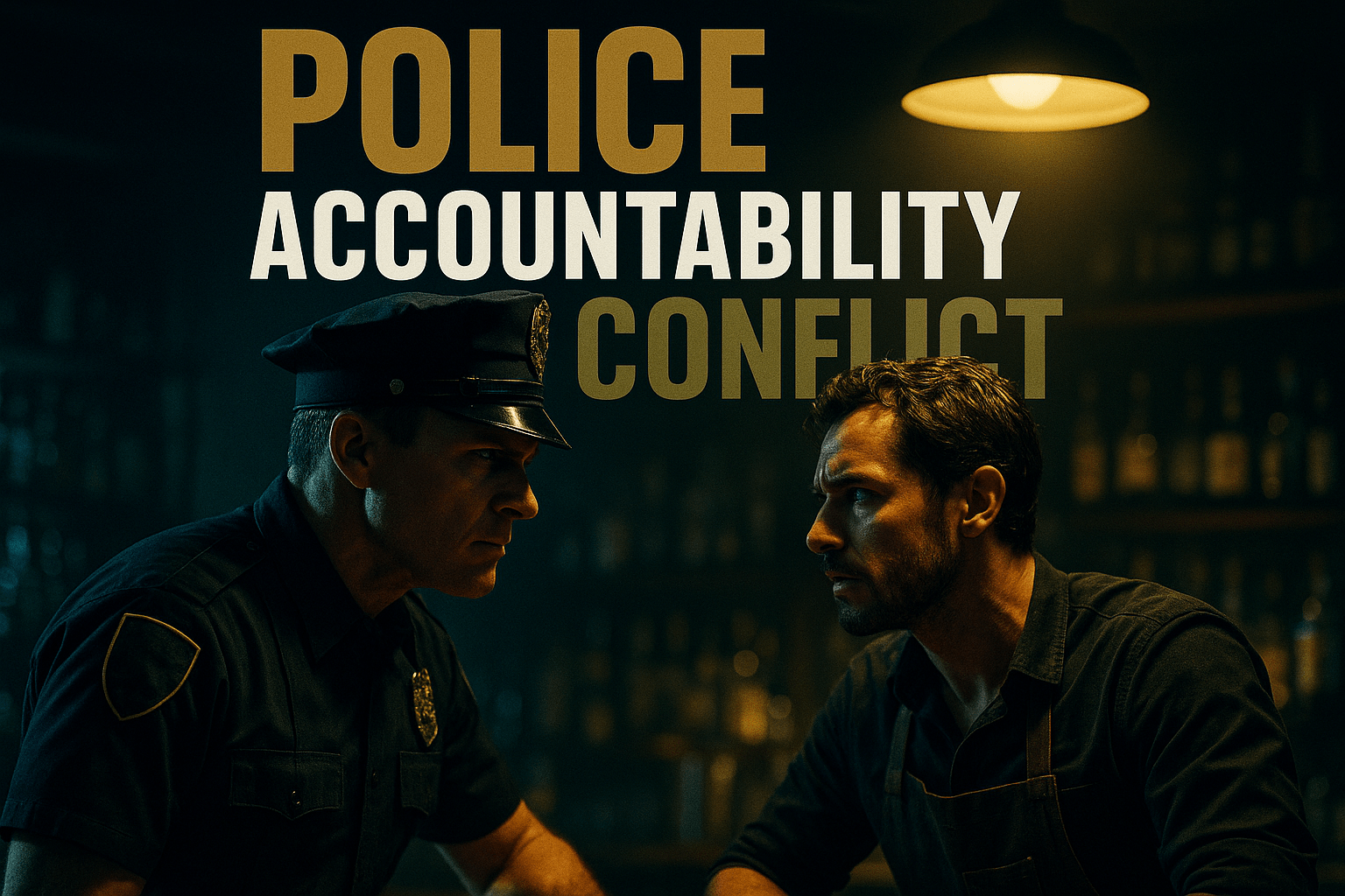 A cinematic image of a tense confrontation in a bar setting, featuring a police officer with a stern expression and a bartender looking defensive, illuminated by dramatic overhead lighting that casts sharp shadows. The mood is charged with emotion, capturing the essence of accountability and conflict. The background is blurred to emphasize the two figures, with contrasting colors of deep blue and bright yellow to create visual impact. The composition follows the rule of thirds, focusing on the officer's intense gaze. Use a multi-line H2 'impact' font for the text: 'POLICE' in Bronze, 'ACCOUNTABILITY' in White, 'CONFLICT' in Olive, ensuring the text stands out against the background without exceeding the 20% safe zone from all margins.