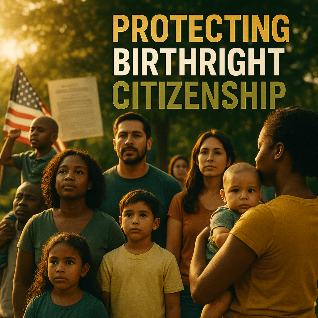 A cinematic image of a diverse group of families gathered in a park, showcasing a sense of unity and resilience, with bright sunlight filtering through the trees, creating a warm and hopeful atmosphere. The mood is uplifting and emotional, capturing the essence of community and the fight for birthright citizenship. The striking detail is a baby being held by a parent, symbolizing the future and the importance of citizenship. Use vibrant colors like deep greens and warm yellows to enhance the focal point. In the background, include subtle hints of legal documents and the U.S. flag to signify the ongoing legal battle. The composition follows the rule of thirds, drawing the viewer's eye towards the families. The high-impact phrase 'PROTECTING BIRTHRIGHT CITIZENSHIP' is displayed in a multi-line H2 impact font, with 'PROTECTING' in Bronze, 'BIRTHRIGHT' in White, and 'CITIZENSHIP' in Olive, ensuring the text stands out against the background.