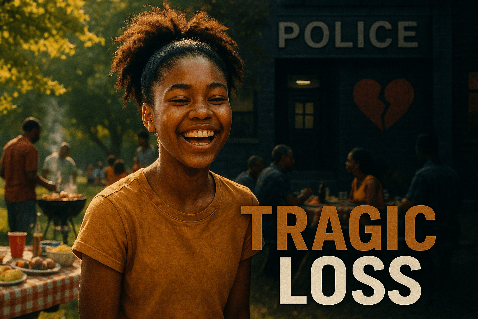 A cinematic image of a vibrant Black teen girl with a joyful expression, surrounded by a warm, colorful cookout scene in a park, contrasting with a dark, somber police precinct in the background. The lighting should be bright and inviting in the foreground, transitioning to darker tones in the background to evoke a sense of tragedy. The mood should be emotional and thought-provoking, capturing the duality of celebration and sorrow. Include a striking detail of a broken heart symbol subtly integrated into the background. Use a photorealistic style with rich colors and high contrast to draw attention. Place the text 'TRAGIC LOSS' in a multi-line H2 impact font, with 'TRAGIC' in Bronze, 'LOSS' in White, and ensure it stands out against the background.