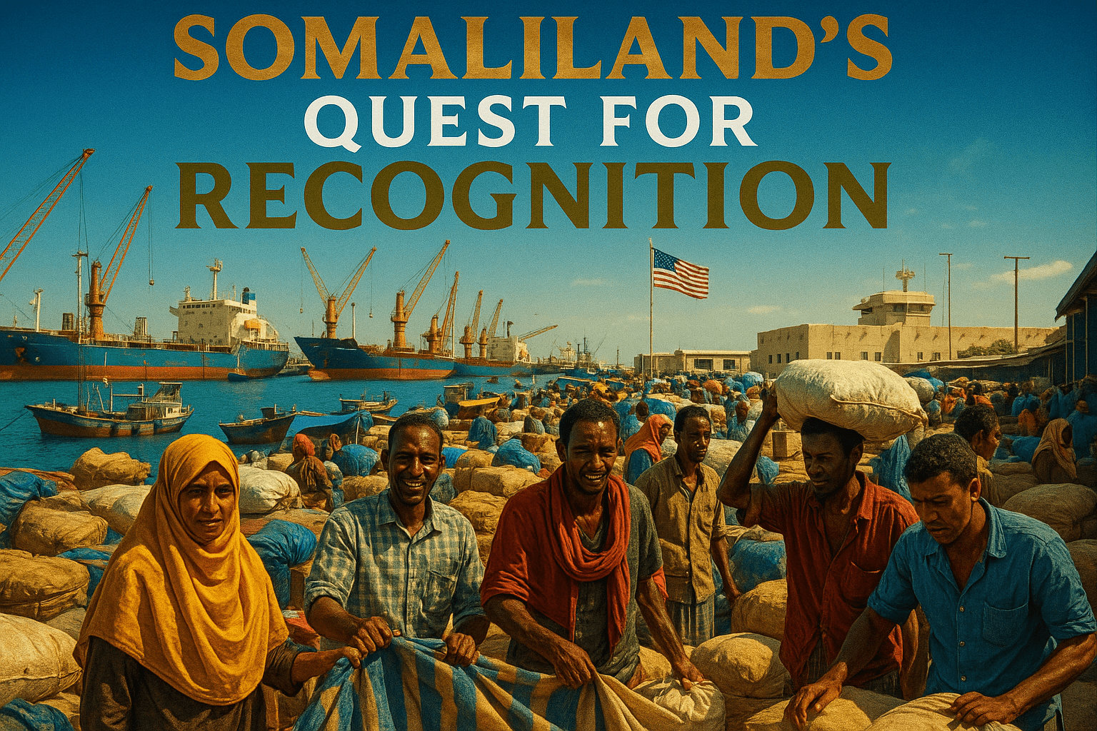 A cinematic image of a vibrant and bustling port scene in Berbera, Somaliland, showcasing a diverse group of people engaged in trade, with a U.S. military base in the background. The lighting is bright and sunny, creating a hopeful and dynamic mood. The camera angle is slightly elevated, capturing the energy of the port while focusing on the expressions of the individuals. Striking detail: a U.S. flag prominently displayed near the military base. Use contrasting colors of blue and gold to enhance the visual appeal. 'SOMALILAND'S' in bronze, 'QUEST FOR' in white, and 'RECOGNITION' in olive, all in a bold, impactful font, positioned at the top of the image.