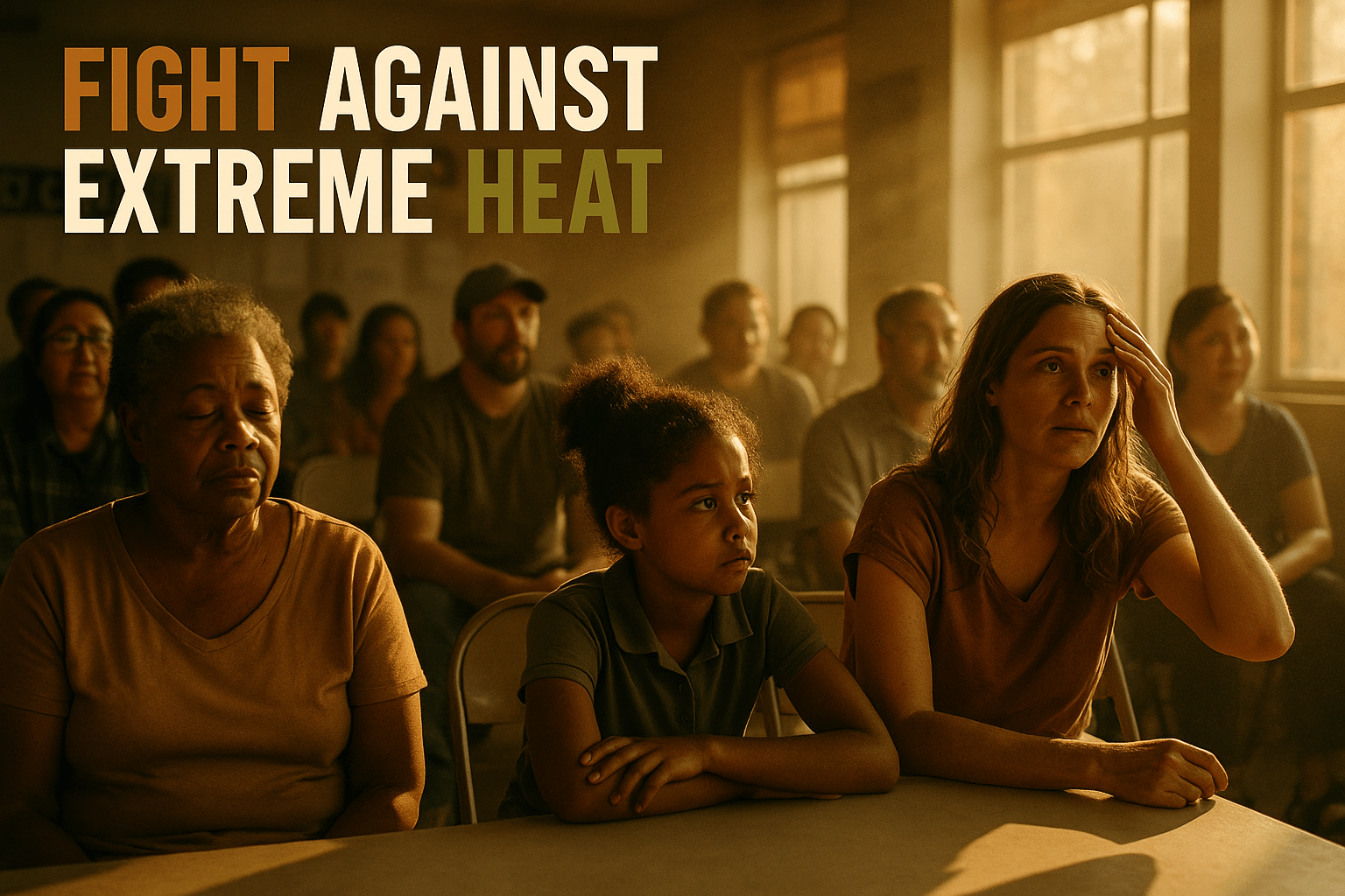 A cinematic image of a diverse group of people seeking refuge from extreme heat in a community cooling center, showcasing expressions of relief and concern, bright sunlight streaming through windows, warm color palette with contrasting shadows, captured with a DSLR camera, high detail, emotional mood, focus on faces, 'FIGHT AGAINST EXTREME HEAT' in a multi-line H2 impact font with the first word in Bronze, the second word in White, and the third word in Olive, ensuring the text stands out against the background.