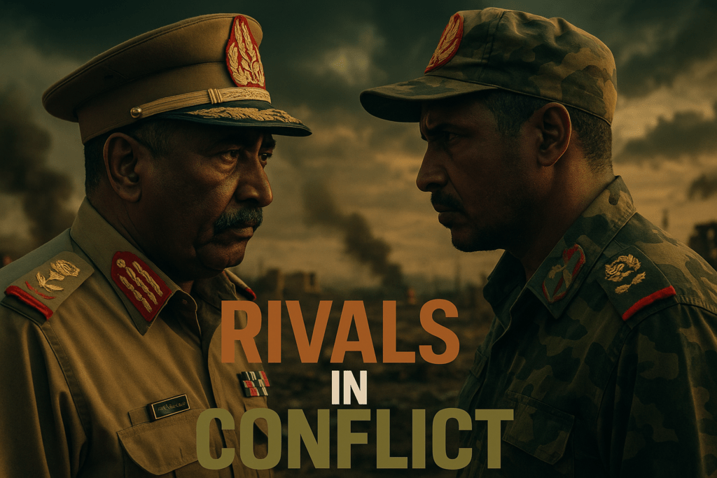 A cinematic image of a tense standoff between two powerful military leaders in Sudan, capturing the intense emotions on their faces, with dramatic lighting highlighting their expressions. The background features a war-torn landscape, symbolizing the ongoing conflict, with contrasting colors of bronze and olive green to evoke a sense of urgency. The mood is somber yet charged with tension, shot with a DSLR camera to enhance detail and realism. Include the high-impact phrase 'RIVALS IN CONFLICT' in a multi-line H2 impact font, with 'RIVALS' in Bronze, 'IN' in White, and 'CONFLICT' in Olive, ensuring the text pops against the background without cluttering the image.