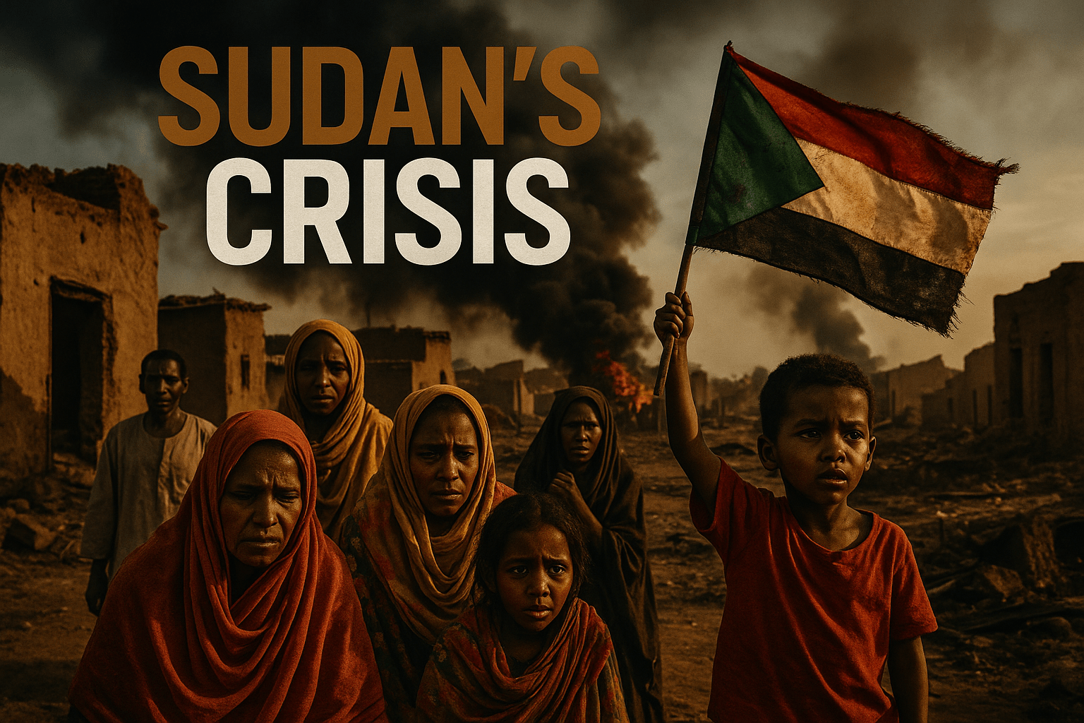 A cinematic image of a war-torn Sudanese village, showcasing a haunting landscape with smoke rising in the background, a group of distressed civilians in the foreground, their faces reflecting fear and despair, bright colors contrasting with the dark atmosphere, captured with dramatic lighting, using a DSLR camera for a photorealistic effect, evoking a mood of urgency and tragedy. The high-impact phrase 'SUDAN'S CRISIS' in a multi-line H2 'impact' font, with 'SUDAN'S' in Bronze, 'CRISIS' in White, and a striking detail of a child holding a tattered flag, symbolizing hope amidst despair.