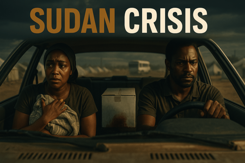 Thumbnail showing a Sudanese couple seated in a worn car amid a refugee camp under a stormy sky. The woman on the left clutches a frayed cloth to her chest, eyes downcast in grief, while the man on the right grips the steering wheel with a determined expression.
