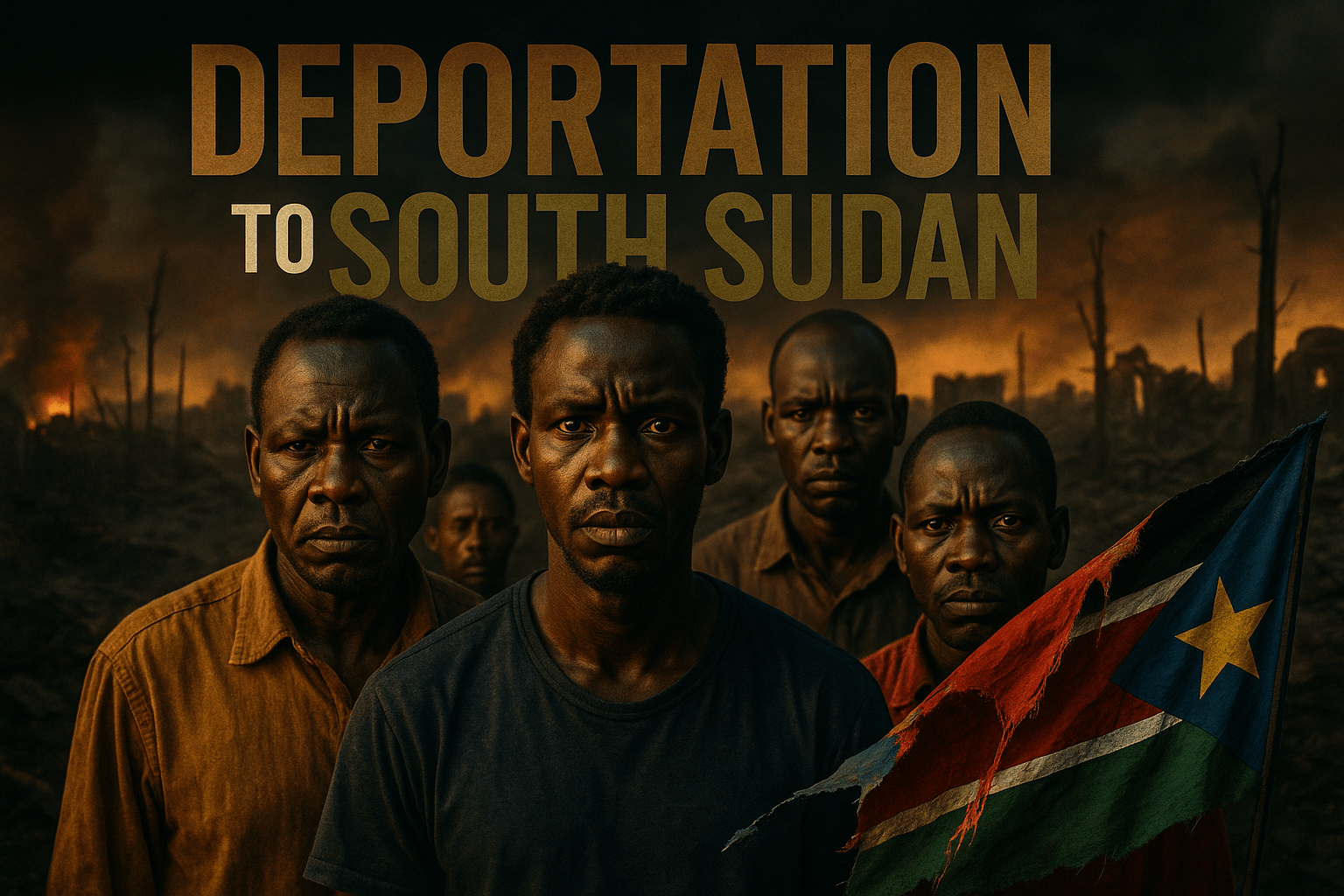 A cinematic image of a diverse group of men with worried expressions, standing in front of a backdrop of a war-torn landscape symbolizing South Sudan, captured in dramatic lighting with a shallow depth of field to emphasize their faces. The mood is tense and emotional, highlighting the humanitarian crisis. Use bright colors to contrast the dark background, with a striking detail of a torn flag in the foreground. The composition follows the rule of thirds, guiding the viewer's eye toward the men. Include the high-impact phrase in a multi-line H2 'impact' font: 'DEPORTATION' in Bronze, 'TO' in White, 'SOUTH SUDAN' in Olive, ensuring the text pops against the background while remaining outside the 20% safe zone from all margins.