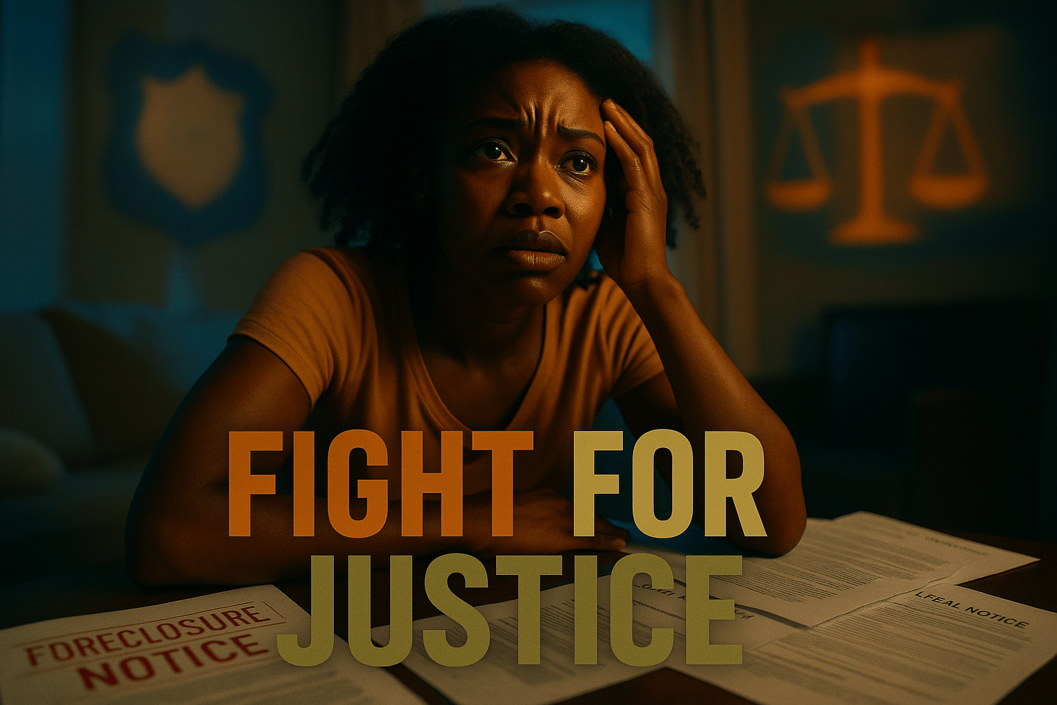 A cinematic image of a distressed Black woman in her home, surrounded by legal documents and a foreclosure notice, her expression a mix of fear and determination. Bright, contrasting colors highlight her emotional turmoil, with soft, natural lighting illuminating her face. The mood is tense yet hopeful, capturing the essence of her fight for justice. The camera angle is slightly low, emphasizing her struggle against the system. In the background, blurred images of police and court symbols create a sense of urgency. 'FIGHT FOR JUSTICE' in a multi-line H2 impact font, with 'FIGHT' in Bronze, 'FOR' in White, and 'JUSTICE' in Olive, ensuring the text pops against the background.