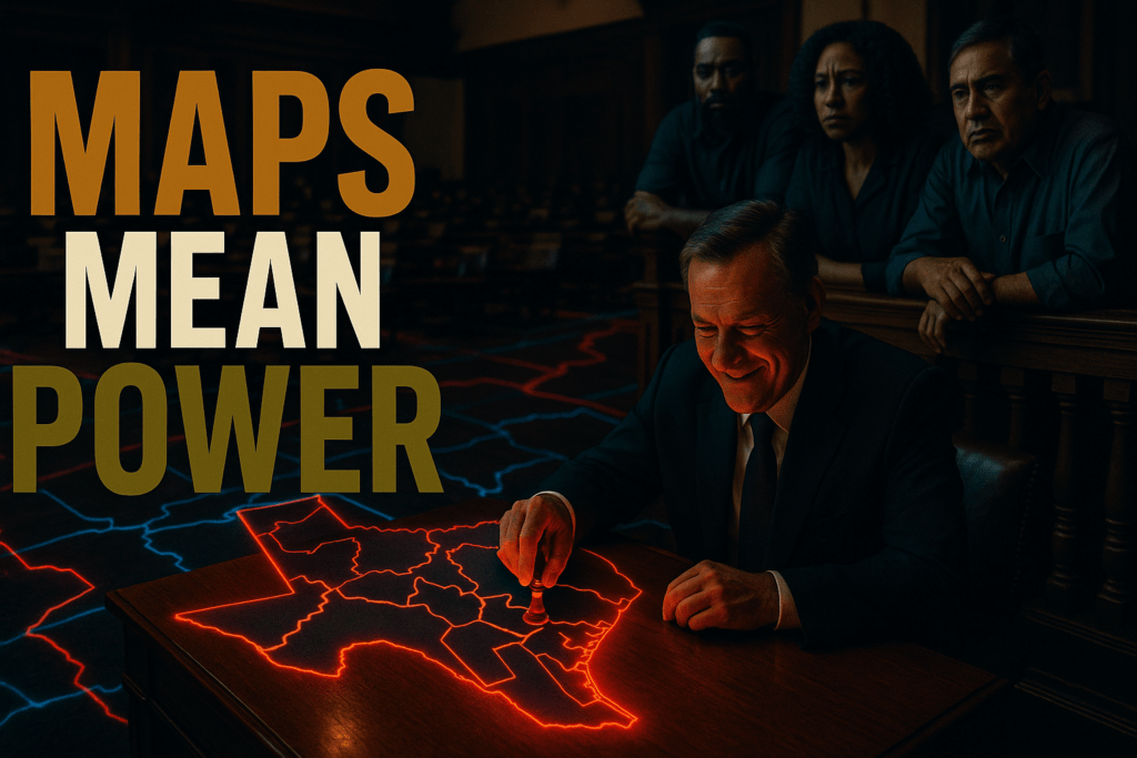 A cinematic image of a dimly lit Texas legislative chamber features a smirking White male politician in a suit placing a red chess piece on a glowing digital map of gerrymandered Texas districts. Red and blue neon lines trace across the chamber floor, evoking tension and strategy. Three concerned onlookers—a Black man, a Black woman, and a Hispanic man—watch from the gallery above. Bold text in the upper left reads "MAPS MEAN POWER" with "MAPS" in bronze, "MEAN" in white, and "POWER" in olive.