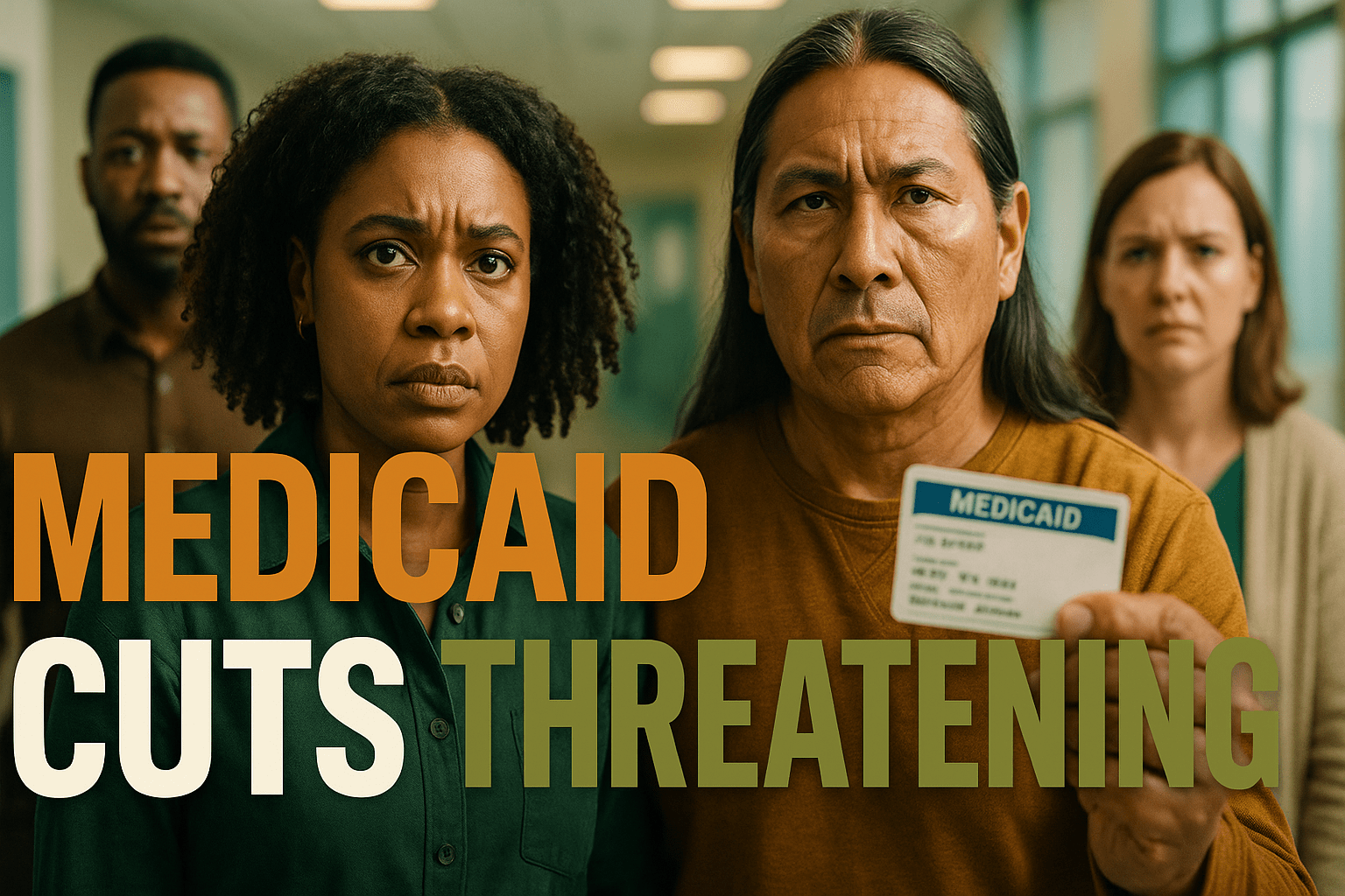 A cinematic image of a diverse group of concerned individuals, including a Black woman and an American Indian man, standing together in a healthcare setting, expressing worry and determination. The lighting is bright and hopeful, creating a contrast between the subjects and the background. The mood is urgent yet empowering, with a striking detail of a Medicaid card held prominently in the foreground. The composition follows the rule of thirds, guiding the viewer's eye to the faces of the individuals. Use vibrant colors like deep greens and warm browns to enhance the emotional impact. Overlay the text in a multi-line H2 'impact' font: 'MEDICAID' in Bronze, 'CUTS' in White, 'THREATENING' in Olive, ensuring the text pops against the background and remains outside the 20% safe zone from all margins.