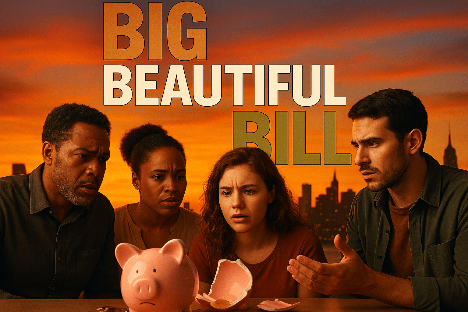 A cinematic image of a diverse group of people looking concerned and engaged in a discussion, set against a backdrop of a city skyline with contrasting bright colors of sunset. The lighting is warm and dramatic, emphasizing the emotional expressions on their faces. The mood is tense yet hopeful, capturing the essence of the racial wealth gap and economic inequality. Use a DSLR camera effect for photorealism, and include a striking detail of a broken piggy bank in the foreground symbolizing financial struggles. The high-impact phrase in a multi-line H2 'impact' font reads: 'BIG' (in Bronze), 'BEAUTIFUL' (in White), 'BILL' (in Olive).