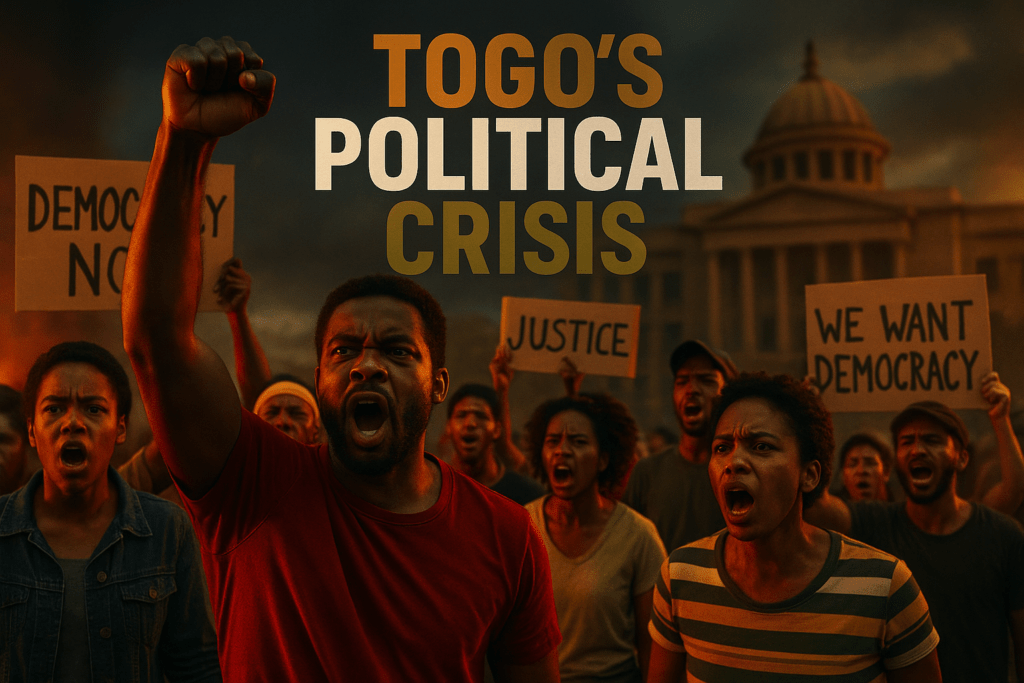 A cinematic image of a tense protest scene in Togo, featuring a diverse group of passionate protesters holding signs demanding democracy, with emotional expressions and vibrant colors. The lighting is dramatic, capturing the intensity of the moment, shot with a DSLR camera to enhance detail. The mood is urgent and charged, with a striking detail of a raised fist symbolizing resistance. The background shows a blurred view of the Togolese parliament building, emphasizing the political context. Use contrasting colors like deep reds and bright yellows to make the scene pop. The high-impact phrase 'TOGO'S POLITICAL CRISIS' is displayed in a multi-line H2 'impact' font, with 'TOGO'S' in Bronze, 'POLITICAL' in White, and 'CRISIS' in Olive, ensuring the text stands out against the backdrop.